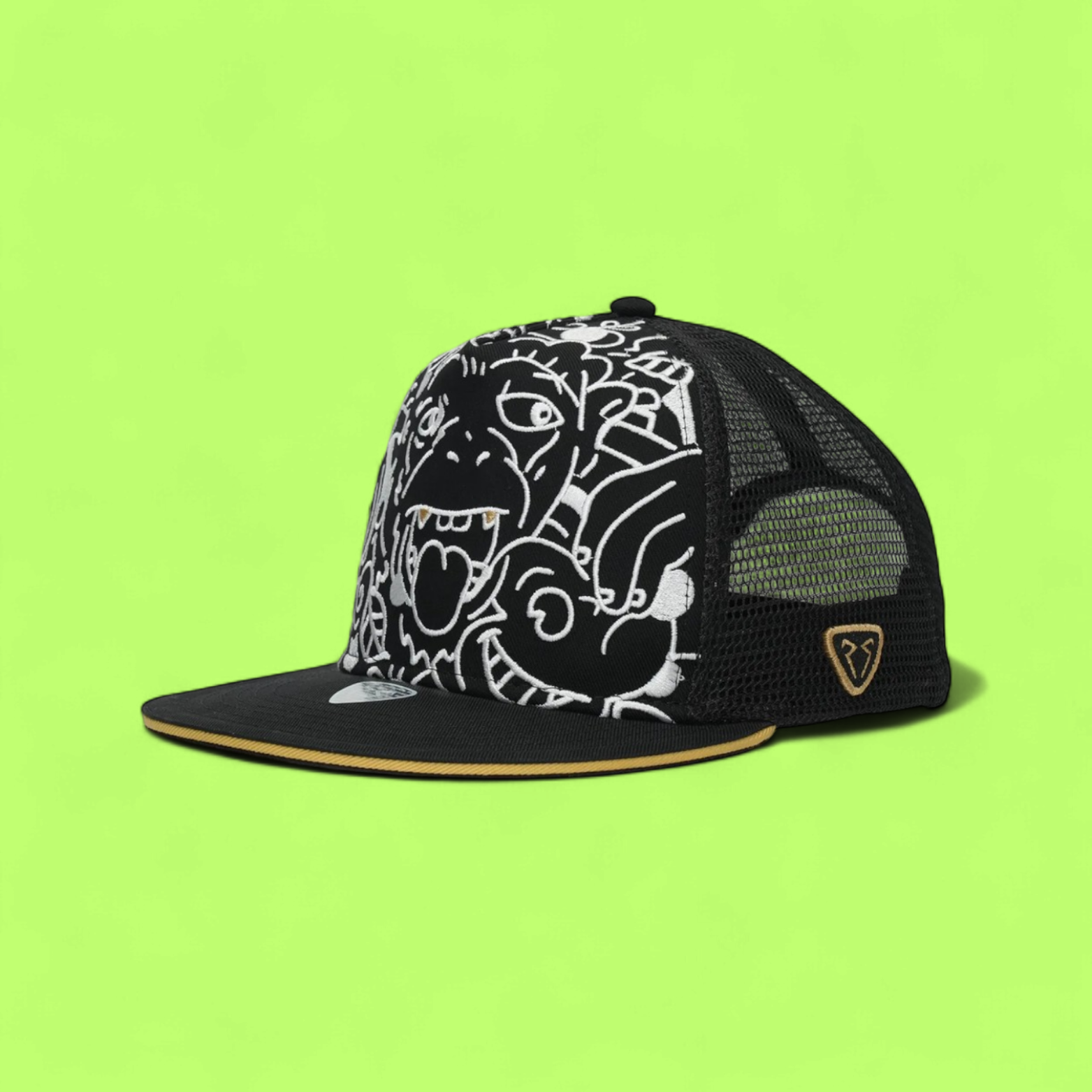 BLACK MESH TRUCKER CAP WITH WHITE CARTOON FACE EMBROIDERY