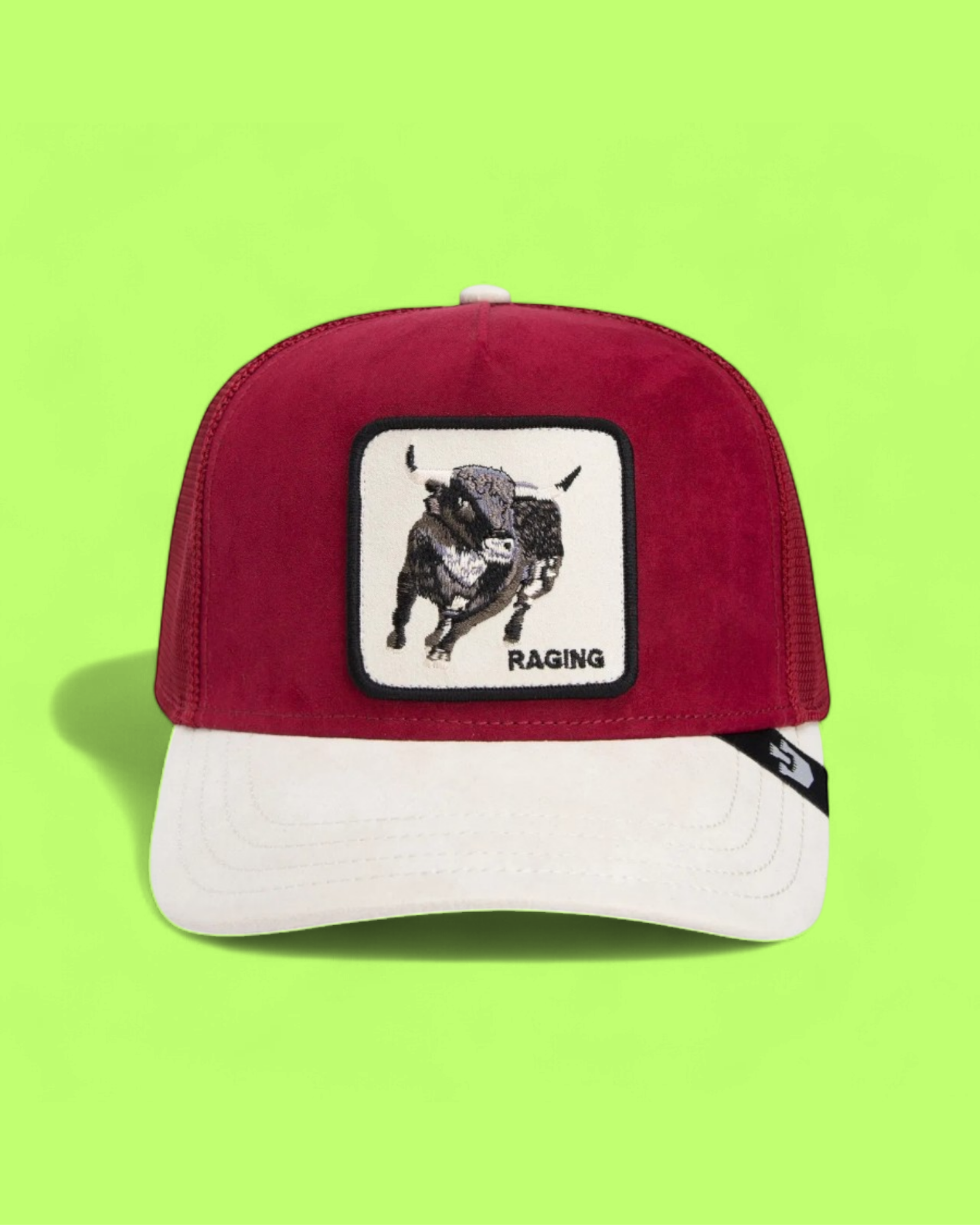 RAGING BULL RED AND WHITE TRUCKER HAT WITH EMBROIDERED PATCH