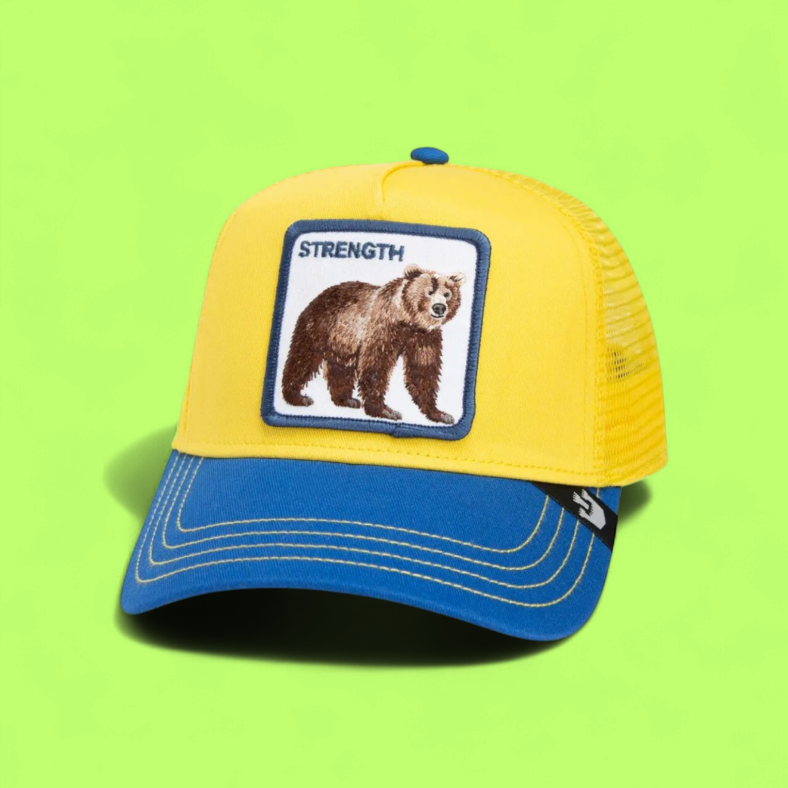 YELLOW STRENGTH CAP WITH BEAR EMBROIDERY AND BLUE BRIM