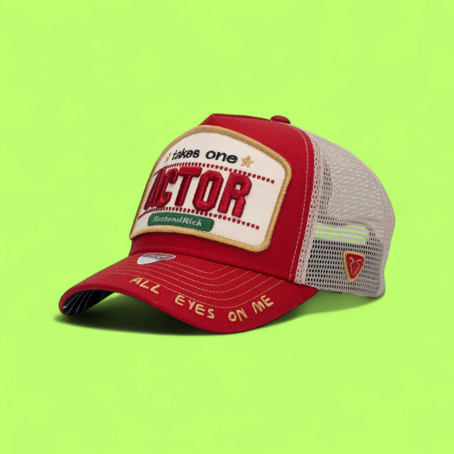 RED ACTOR TRUCKER CAP WITH ALL EYES ON ME EMBROIDERY