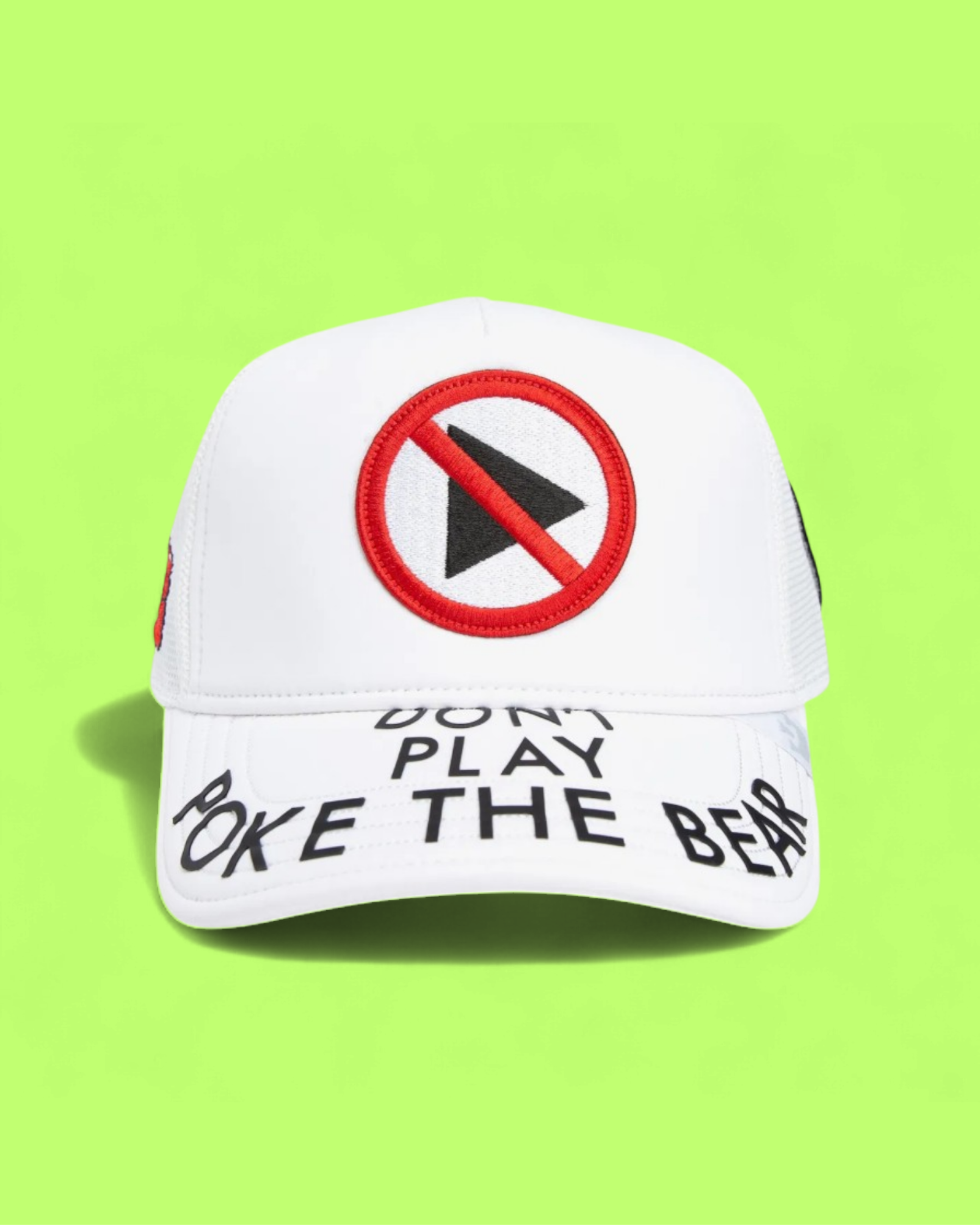 DONT PLAY POKE THE BEAR WHITE TRUCKER HAT WITH PATCH DESIGN