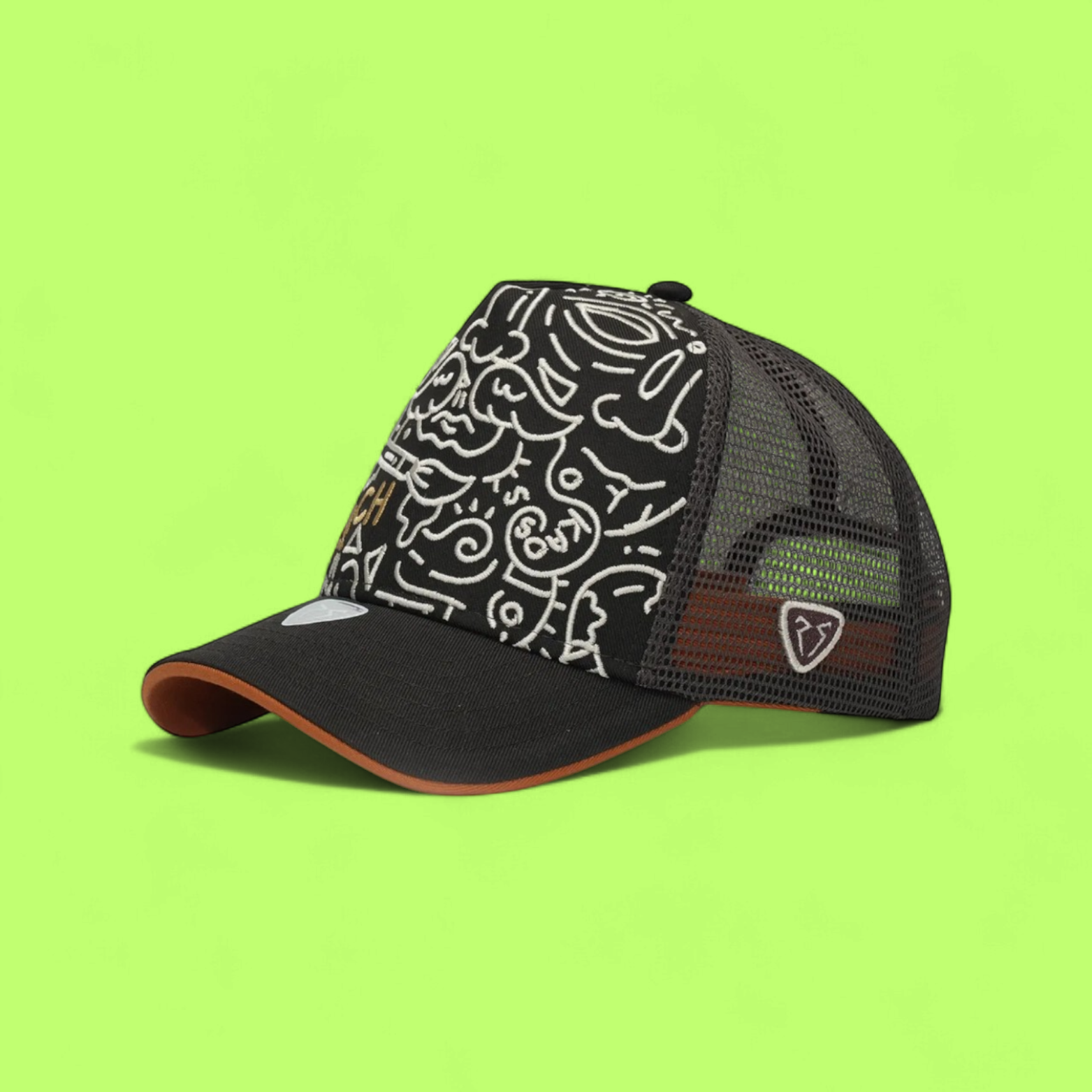 BLACK TRUCKER CAP WITH ABSTRACT WHITE EMBROIDERED PATTERNS