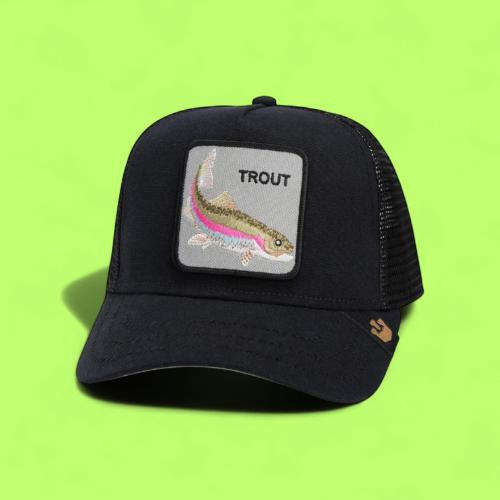 TROUT FISH BLACK TRUCKER HAT WITH COLORFUL EMBROIDERED PATCH