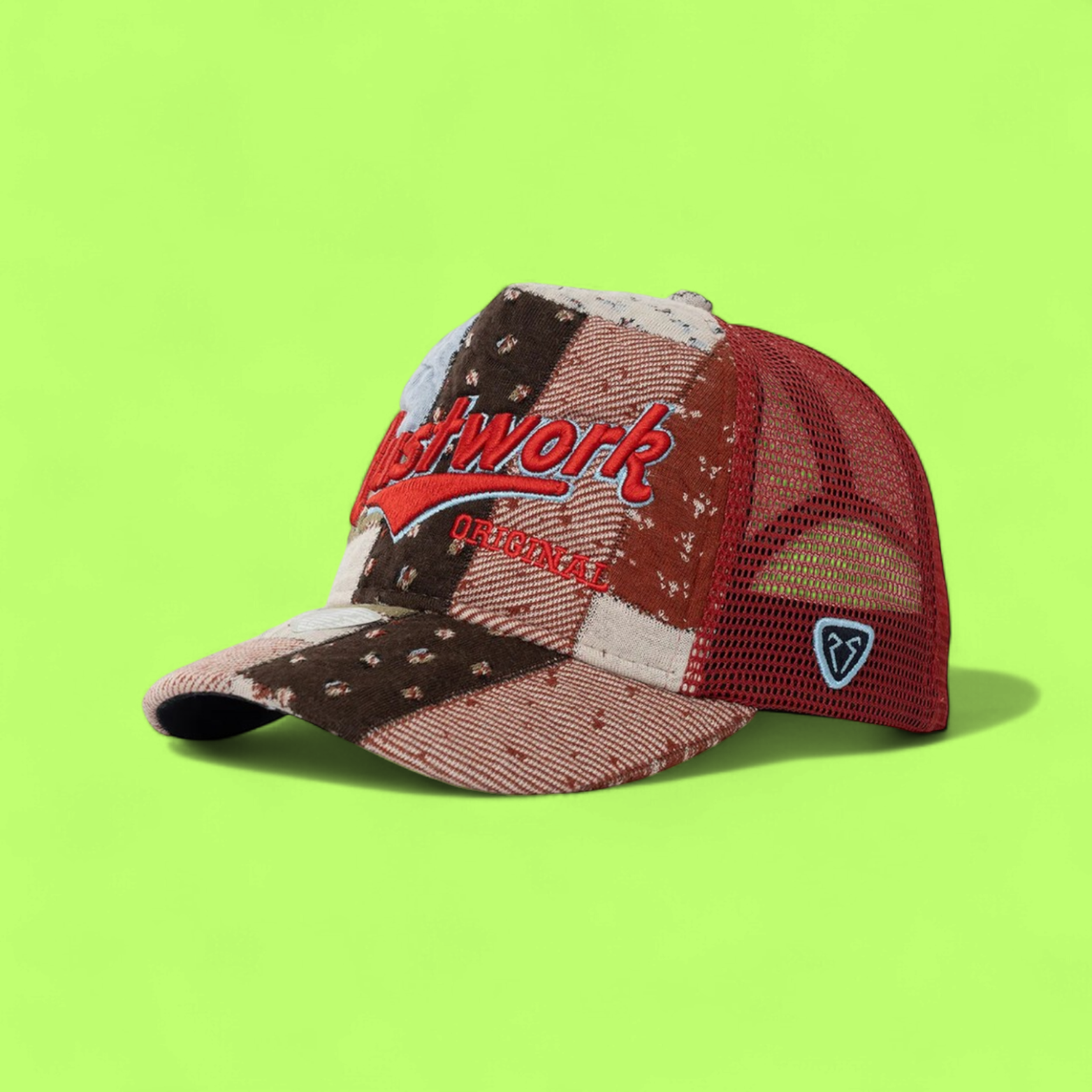 PATCHWORK TRUCKER CAP WITH RED EMBROIDERY AND MESH BACK