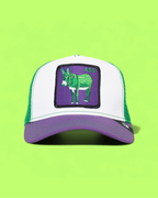 GREEN DONKEY PATCH WHITE TRUCKER HAT WITH PURPLE VISOR