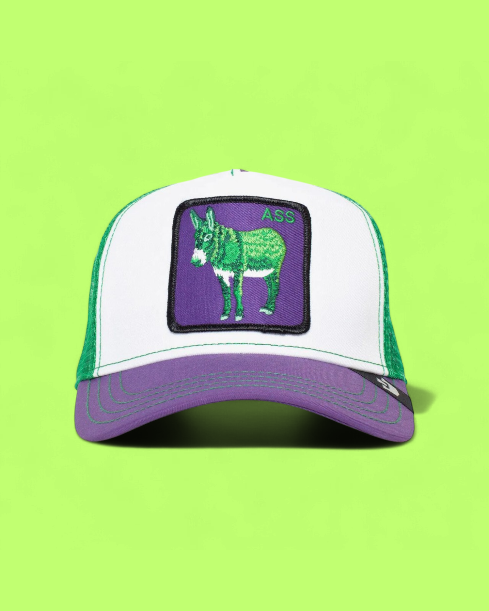GREEN DONKEY PATCH WHITE TRUCKER HAT WITH PURPLE VISOR