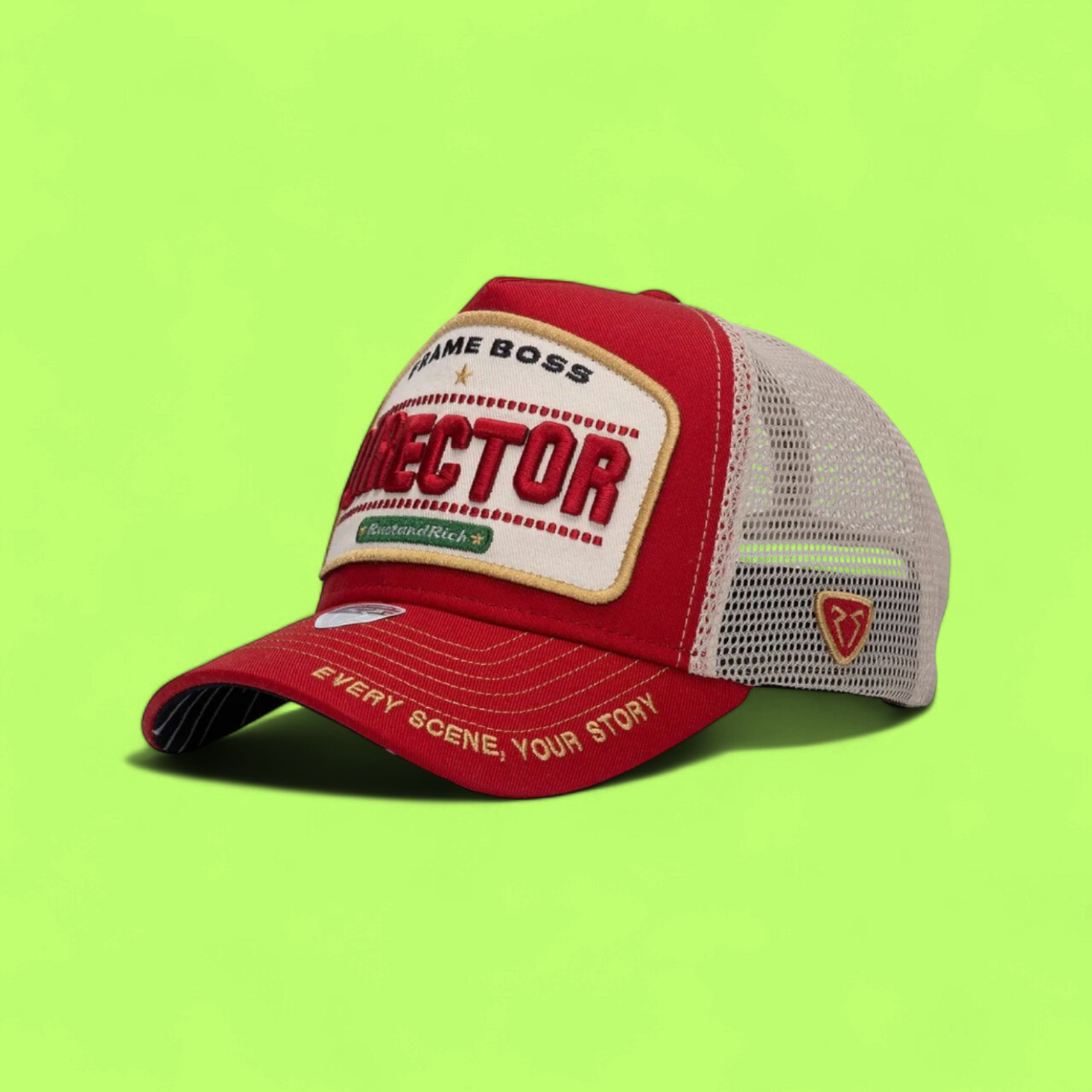 RED TRUCKER CAP WITH DIRECTOR PATCH AND BEIGE MESH BACK
