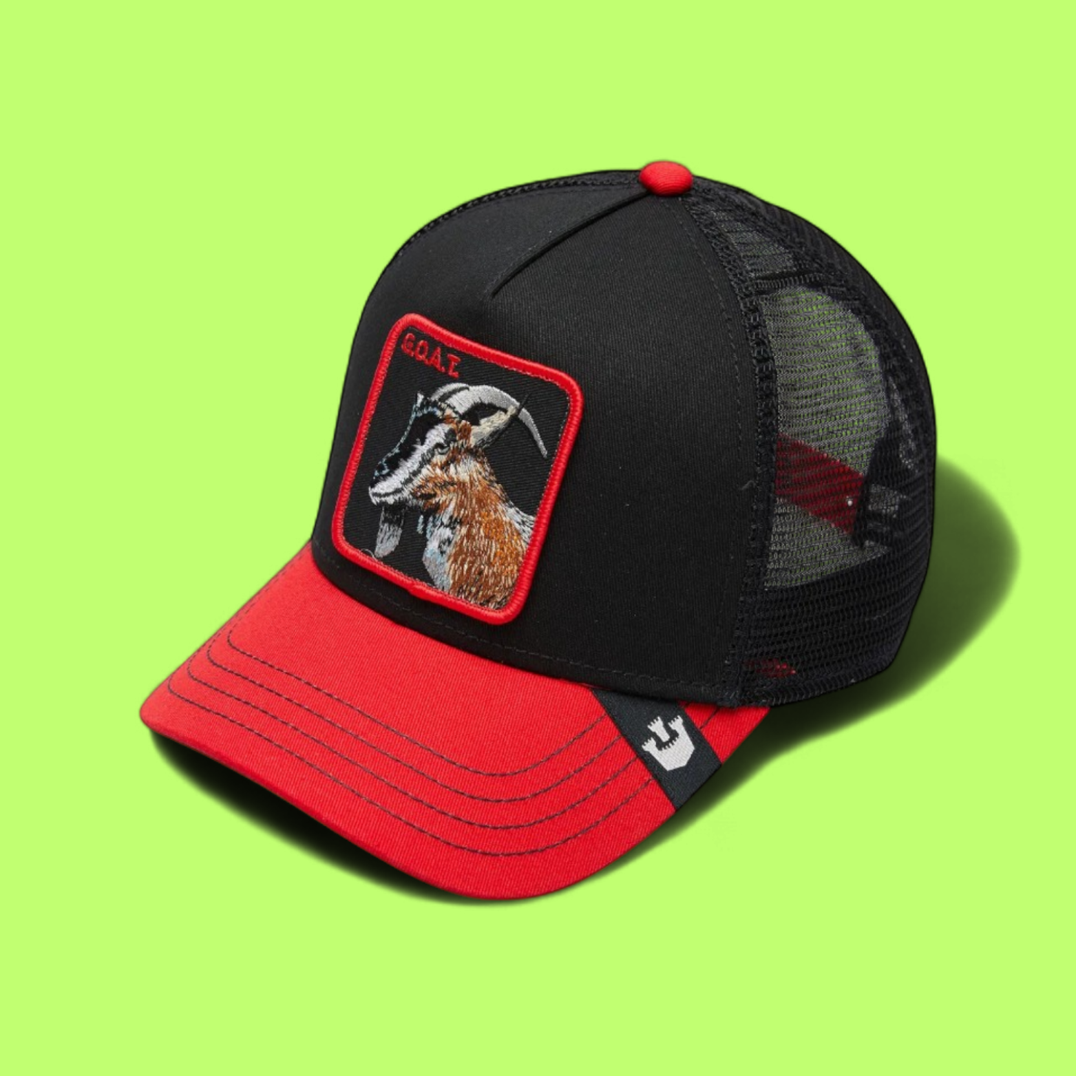 BLACK RED TRUCKER CAP WITH GOAT PATCH AND MESH BACK CWCDE