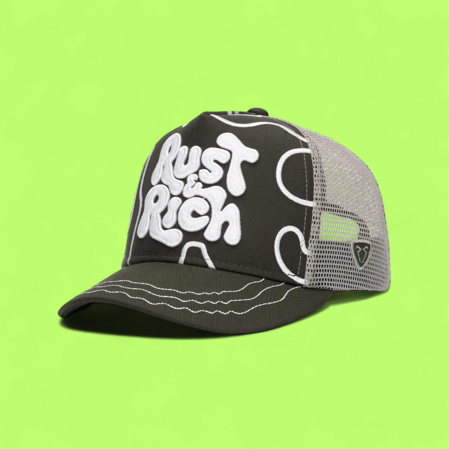 DARK GREEN TRUCKER CAP WITH BOLD WHITE RUST AND RICH LOGO