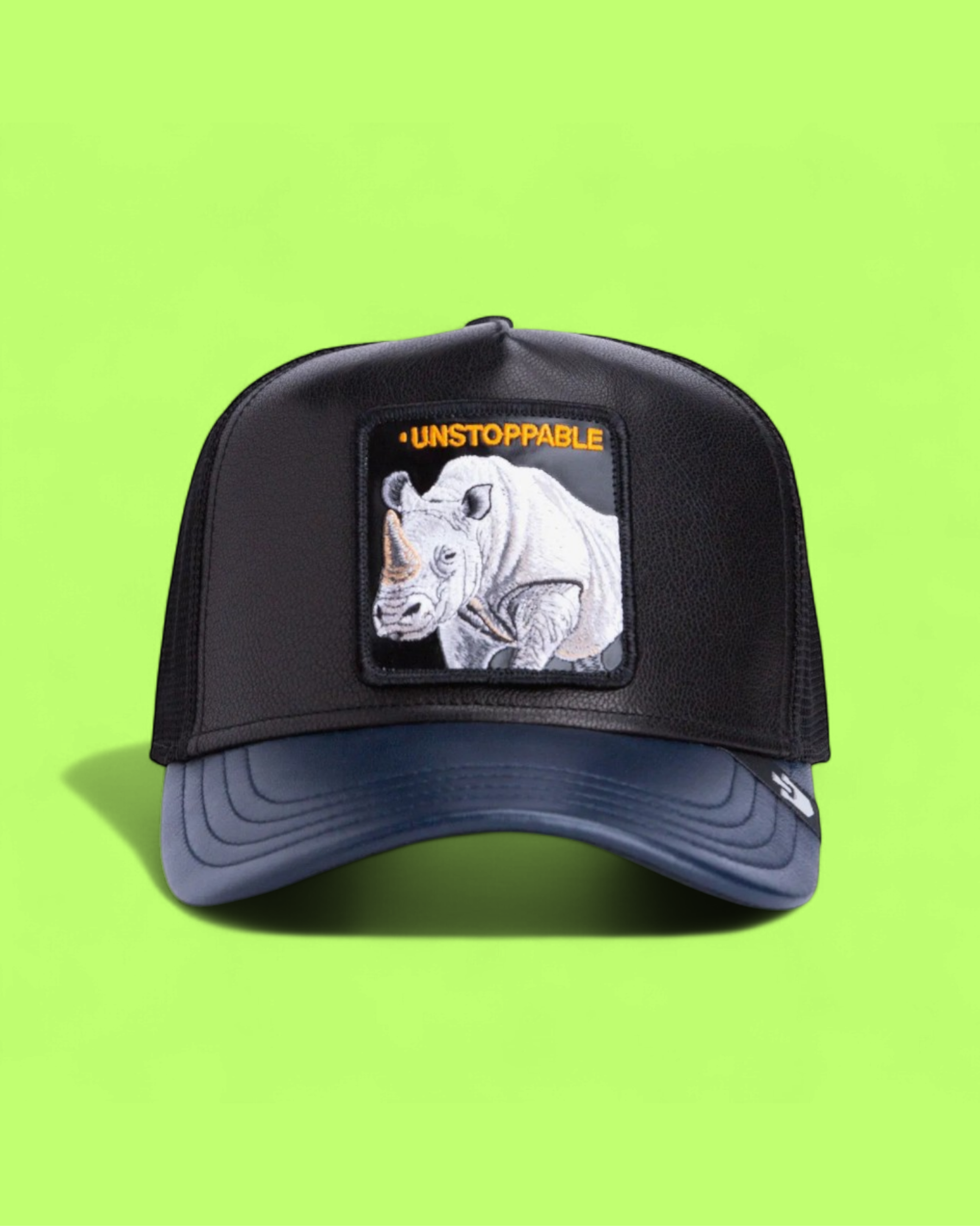 UNSTOPPABLE RHINO BLACK TRUCKER HAT WITH EMBROIDERED PATCH