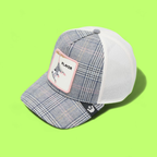 GREY CHECKED TRUCKER CAP WITH PLAYER CAT EMBROIDERY PATCH