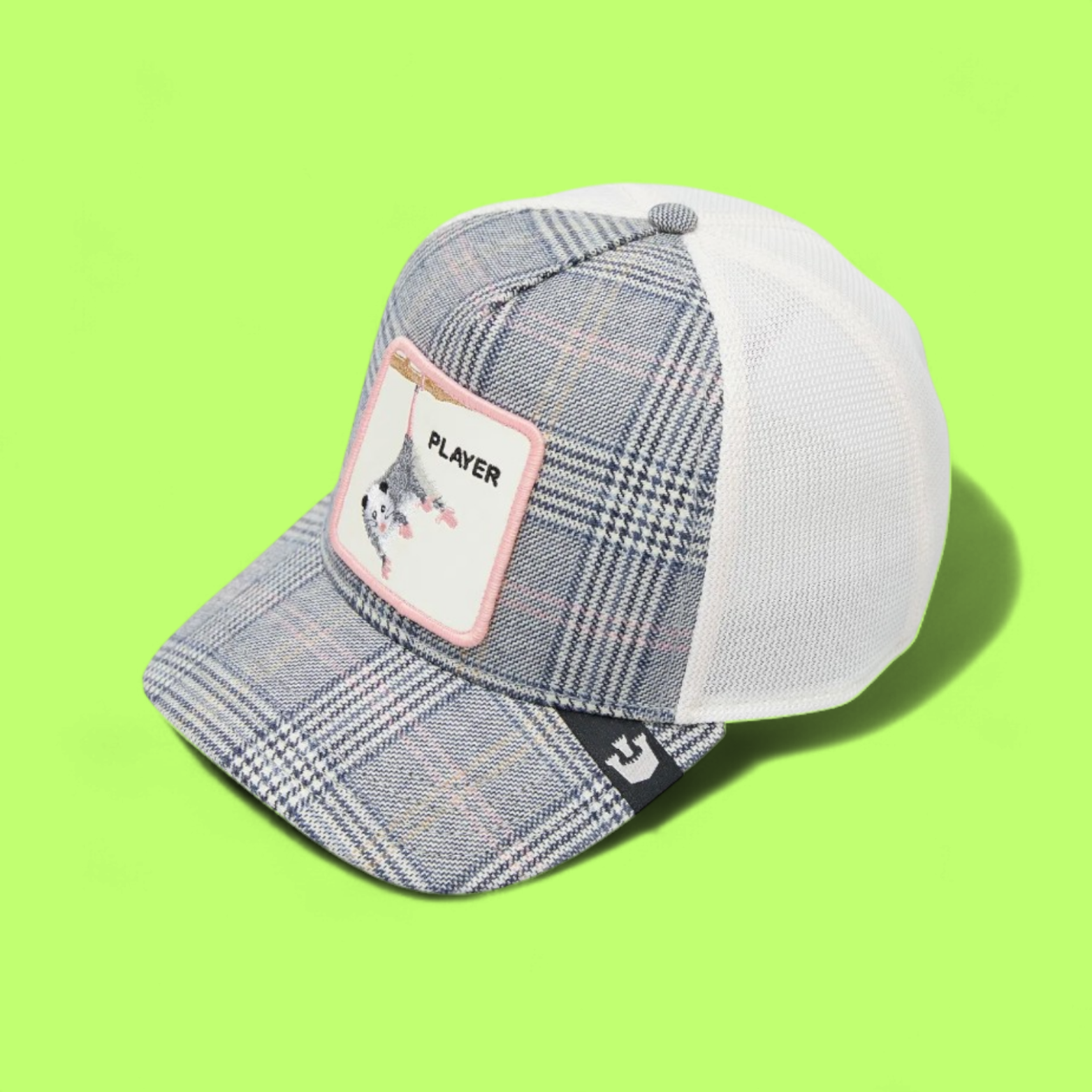 GREY CHECKED TRUCKER CAP WITH PLAYER CAT EMBROIDERY PATCH