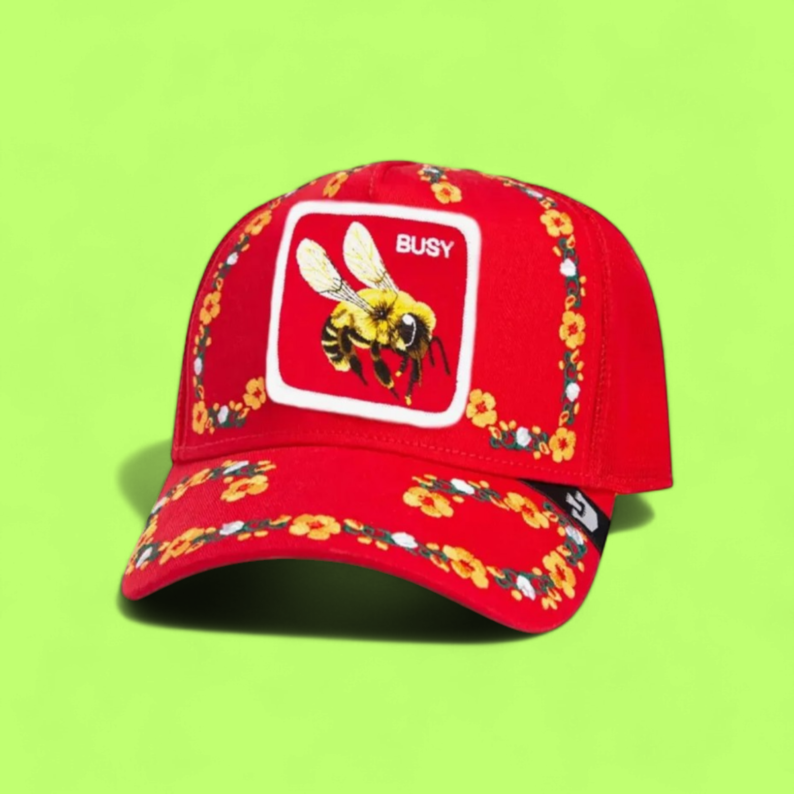 RED BUSY BEE CAP WITH FLORAL EMBROIDERY DETAILS ICON CWCD