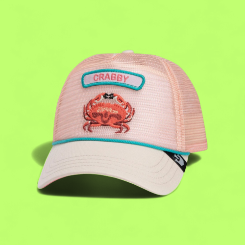 CRABBY PINK TRUCKER HAT WITH FUN EMBROIDERED CRAB PATCH