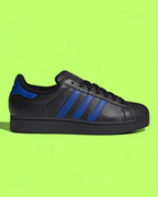 ADIDAS SUPERSTAR BLACK LEATHER SNEAKERS WITH BLUE STRIPES