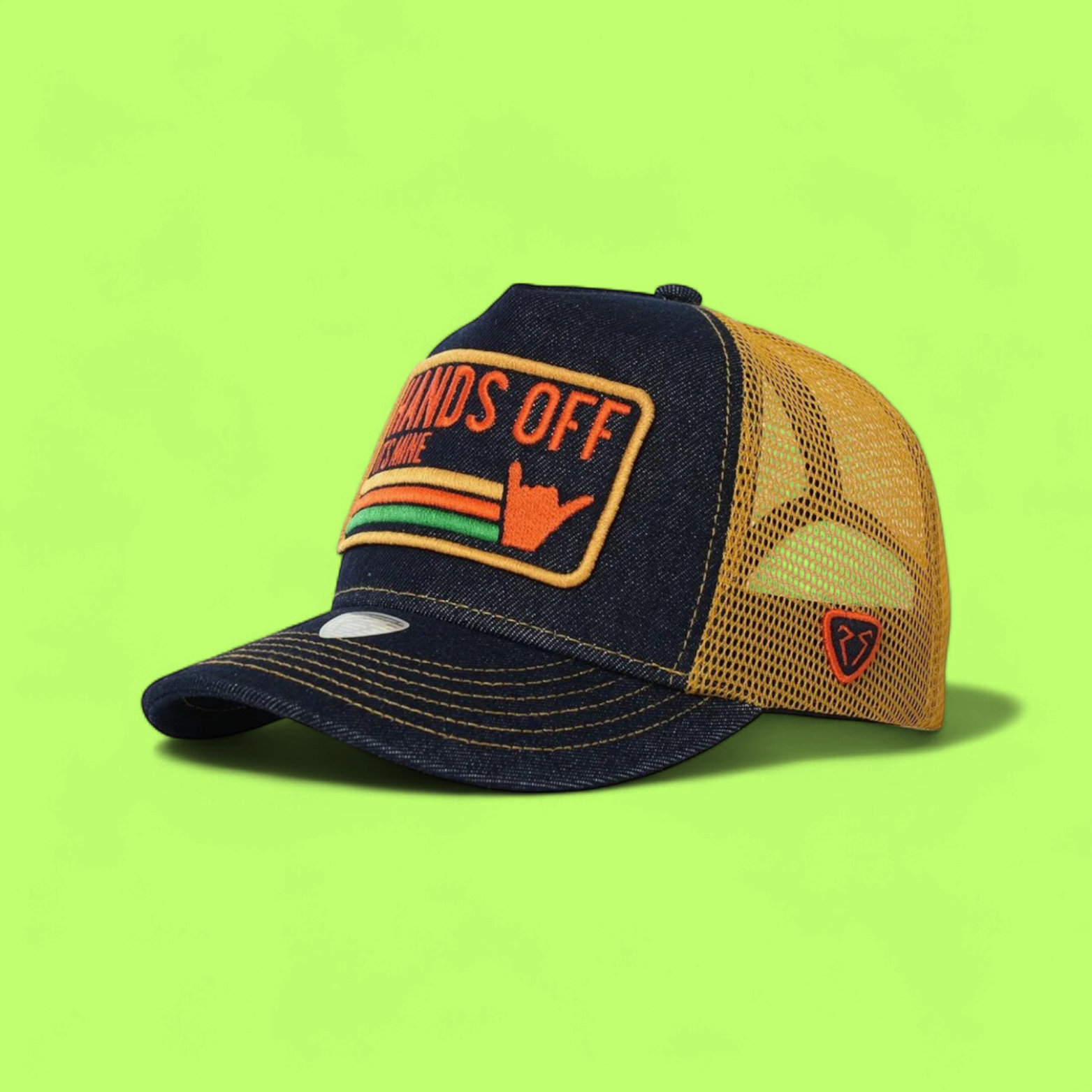 HANDS OFF TRUCKER CAP WITH COLORFUL RETRO EMBROIDERY