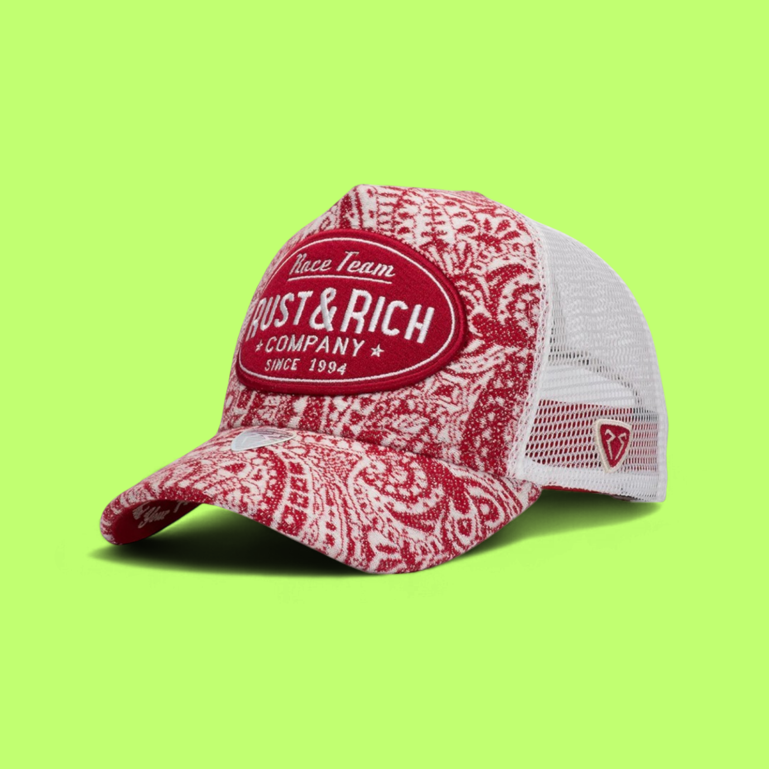 RED RUST AND RICH TRUCKER CAP WITH RACE TEAM EMBROIDERY
