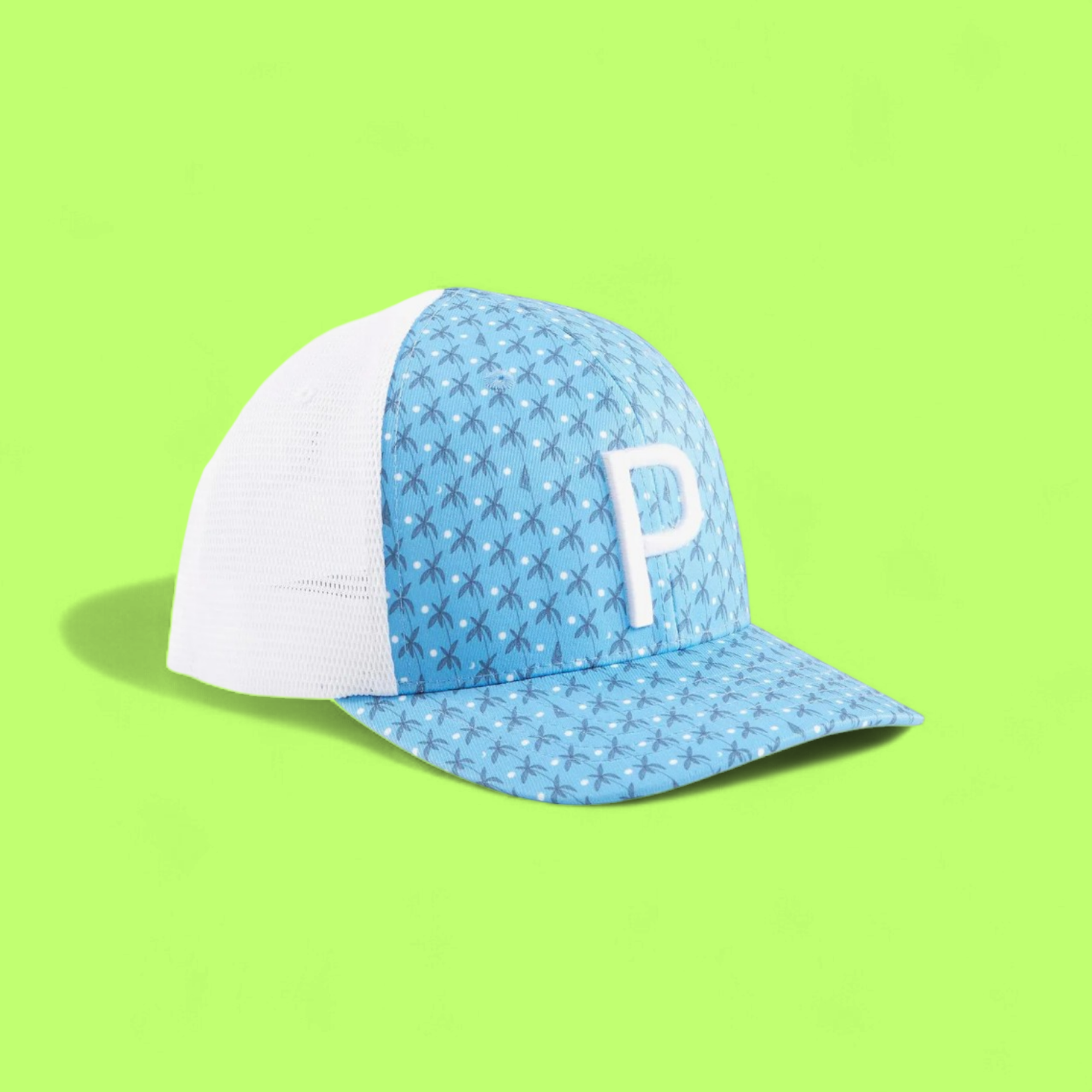 BLUE PALM TREE PRINT TRUCKER HAT WITH WHITE MESH BACK CWCD