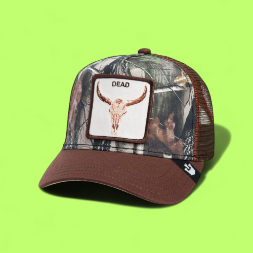 DEAD SKULL CAMO TRUCKER HAT WITH WESTERN COW SKULL PATCH