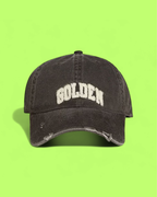 GOLDEN BLACK VINTAGE DISTRESSED BASEBALL CAP WHITE LOGO