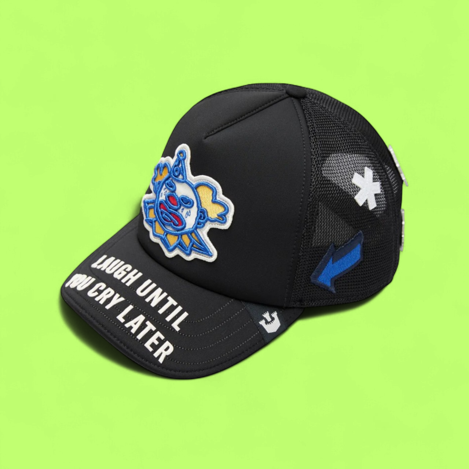 BLACK TRUCKER CAP WITH CLOWN PATCH AND BOLD SLOGAN