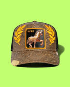 HERO HORSE BROWN TRUCKER HAT WITH GOLDEN EMBROIDERED PATCH