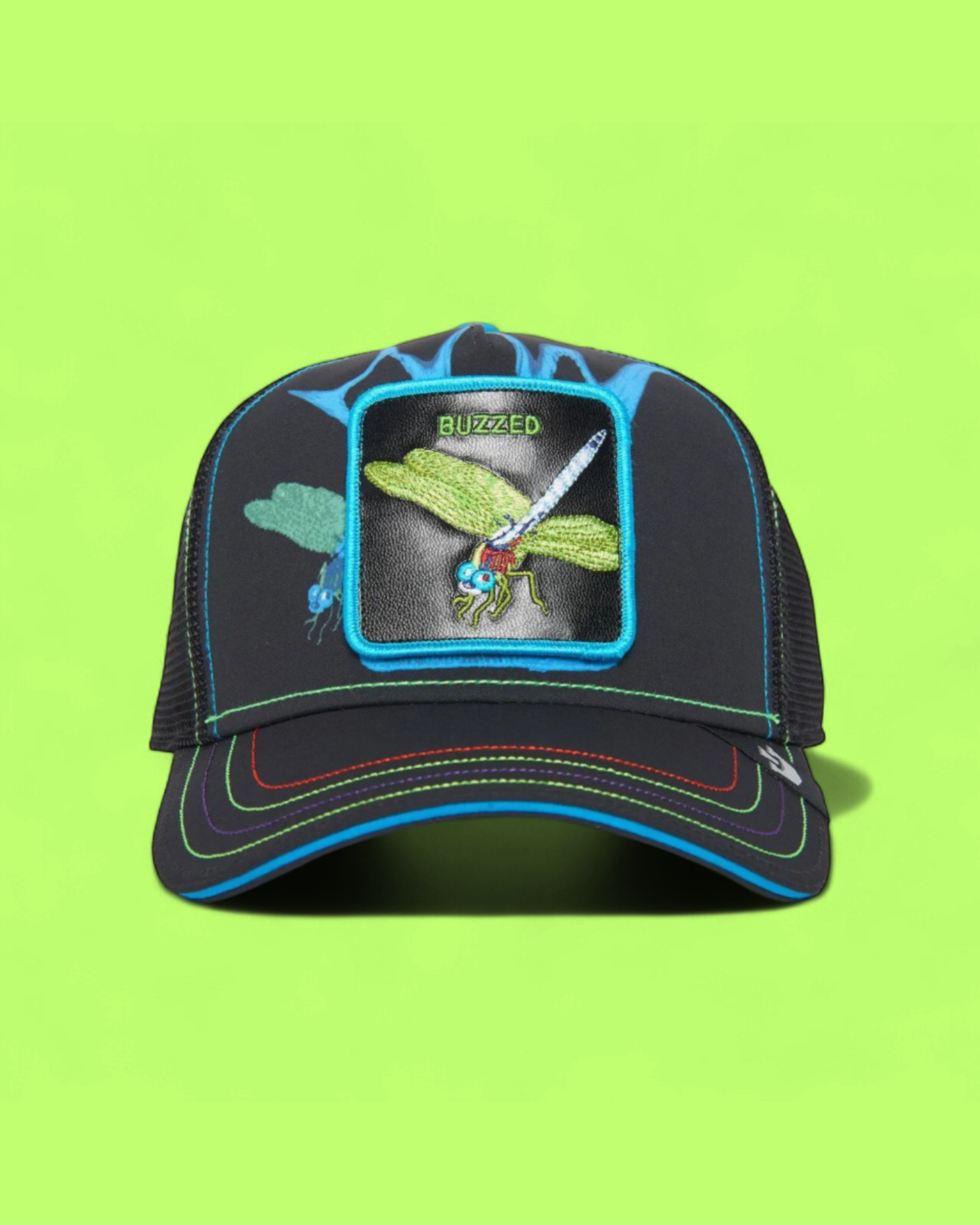 DRAGONFLY PATCH BLACK TRUCKER HAT WITH COLORFUL STITCH