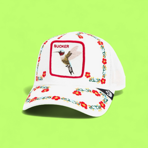 SUCKER HUMMINGBIRD WHITE HAT WITH COLORFUL FLORAL DETAILS