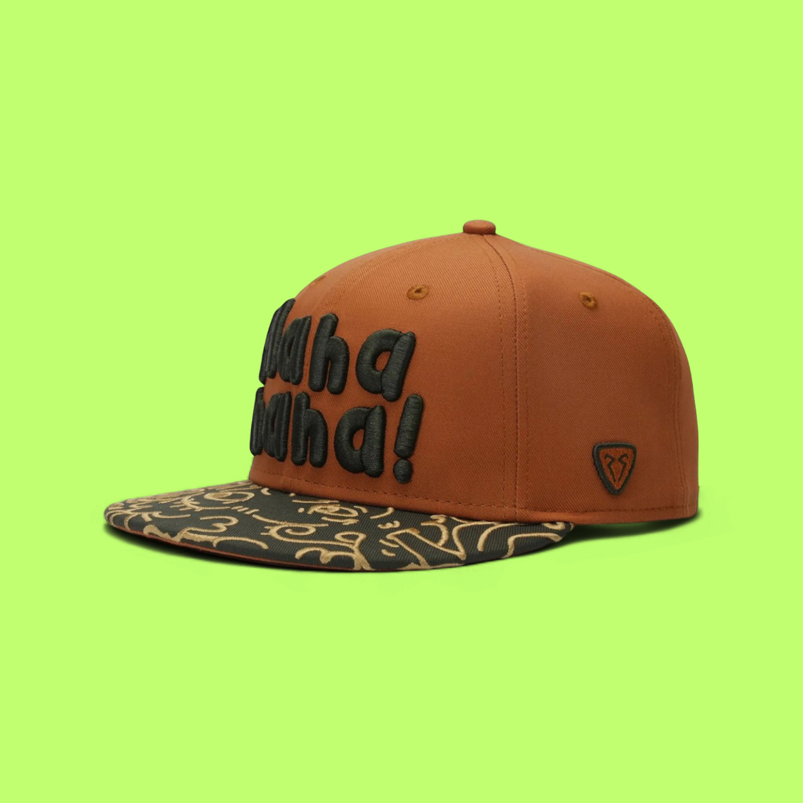 BROWN SNAPBACK CAP WITH GREEN LETTERS AND PATTERNED VISOR