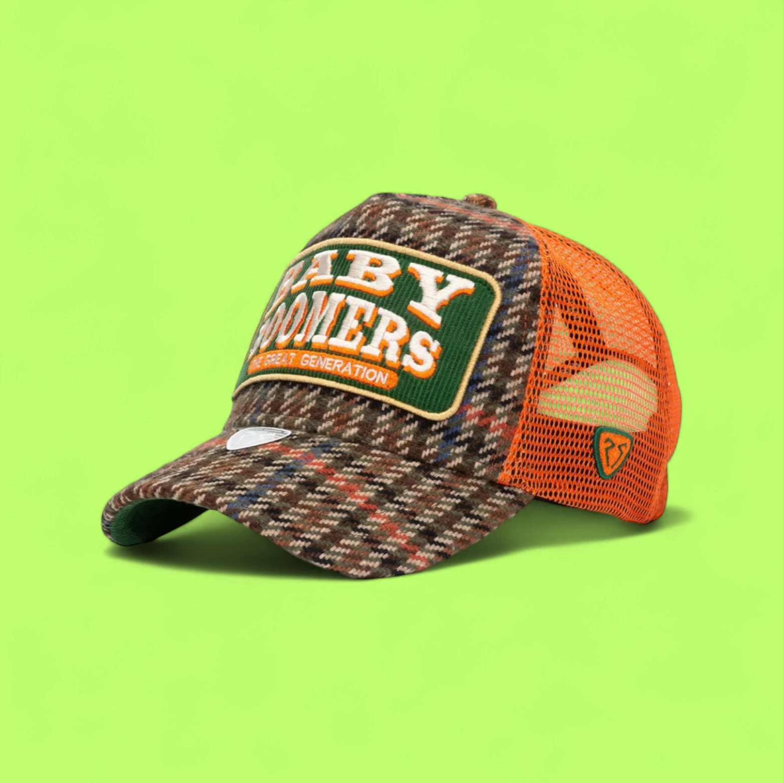 BABY BOOMERS TRUCKER CAP WITH ORANGE MESH AND WOOL PATTERN
