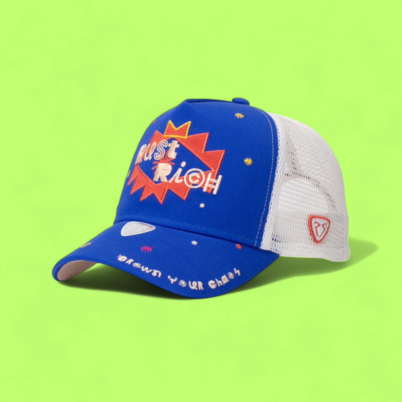 BLUE RUST RICH TRUCKER CAP WITH COLORFUL EMBROIDERED DESIGN