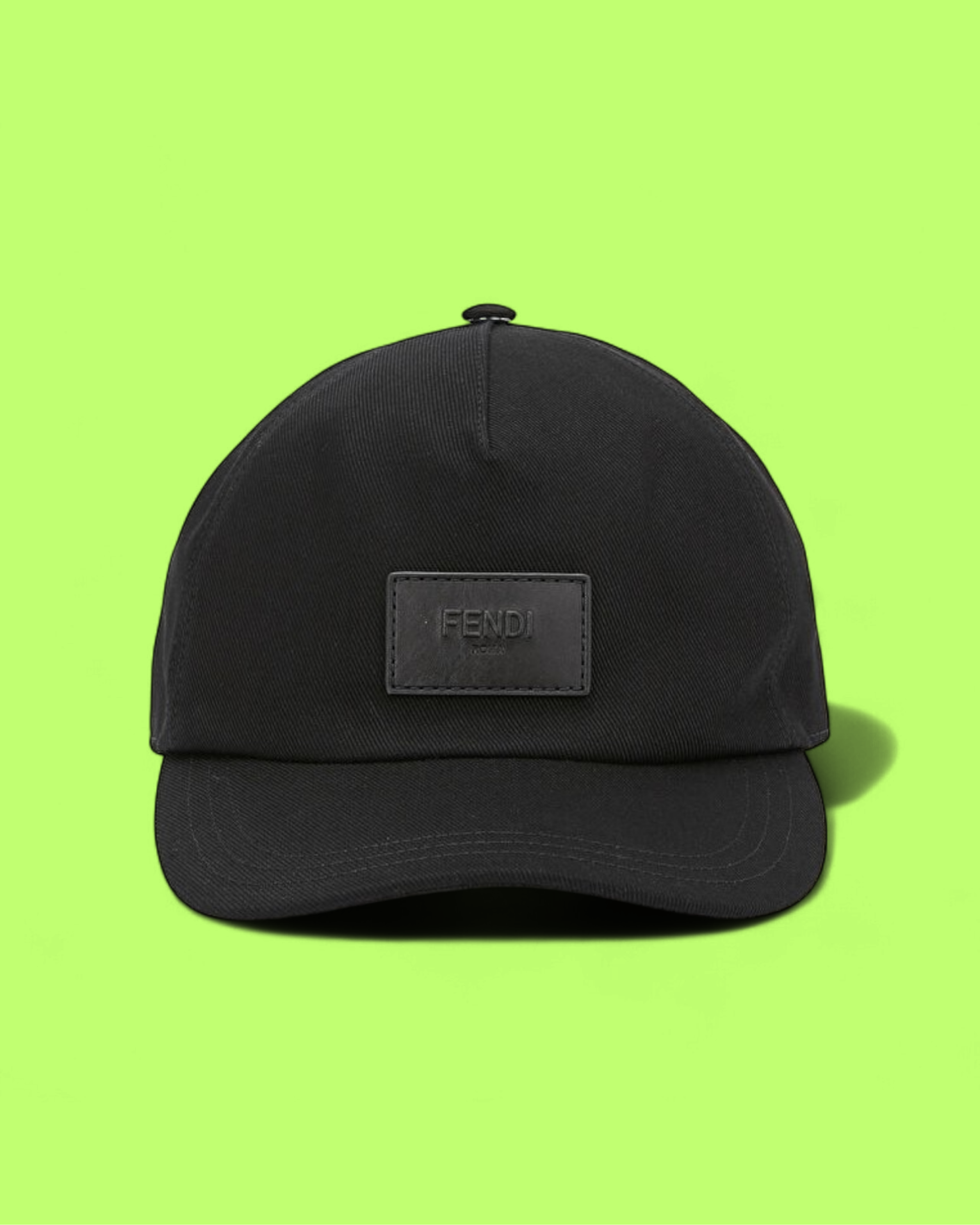 FENDI BLACK CAP WITH LEATHER PATCH FRONT LOGO EMBROIDERY