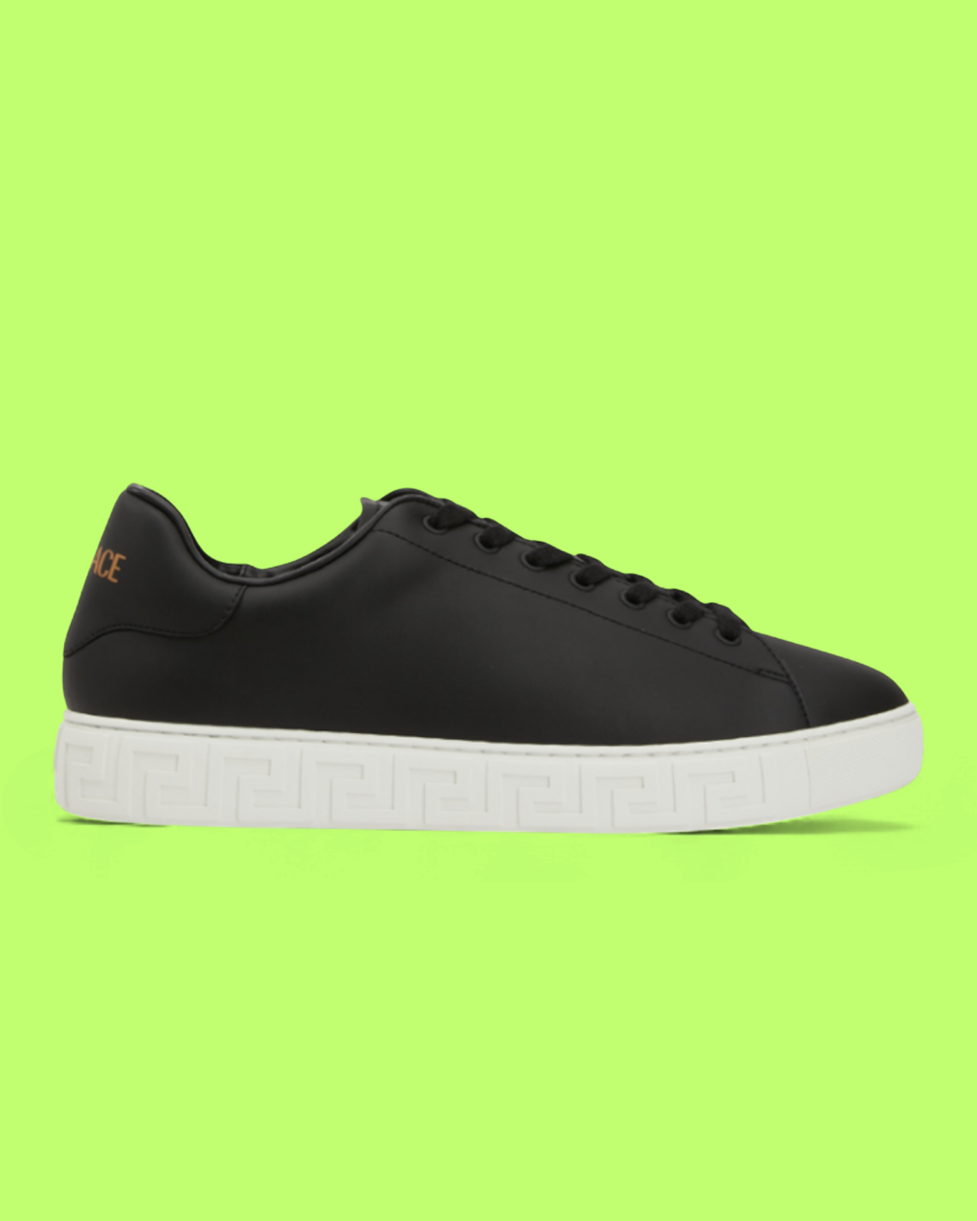 VERSACE BLACK LEATHER SNEAKER WITH WHITE GREEK KEY RUBBER