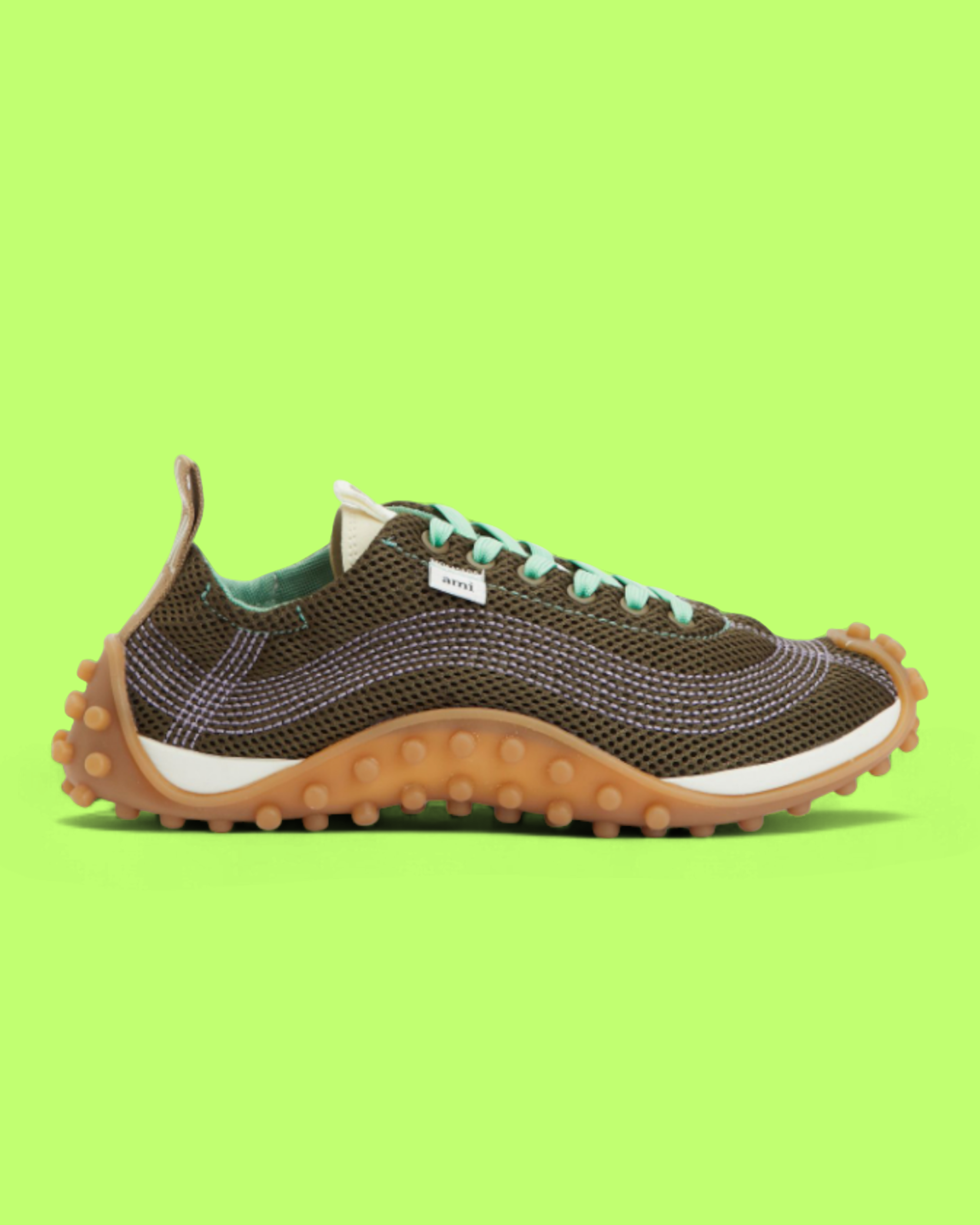 AMI PARIS BROWN GREEN TRAIL RUNNER SNEAKERS WITH GUM SOLE