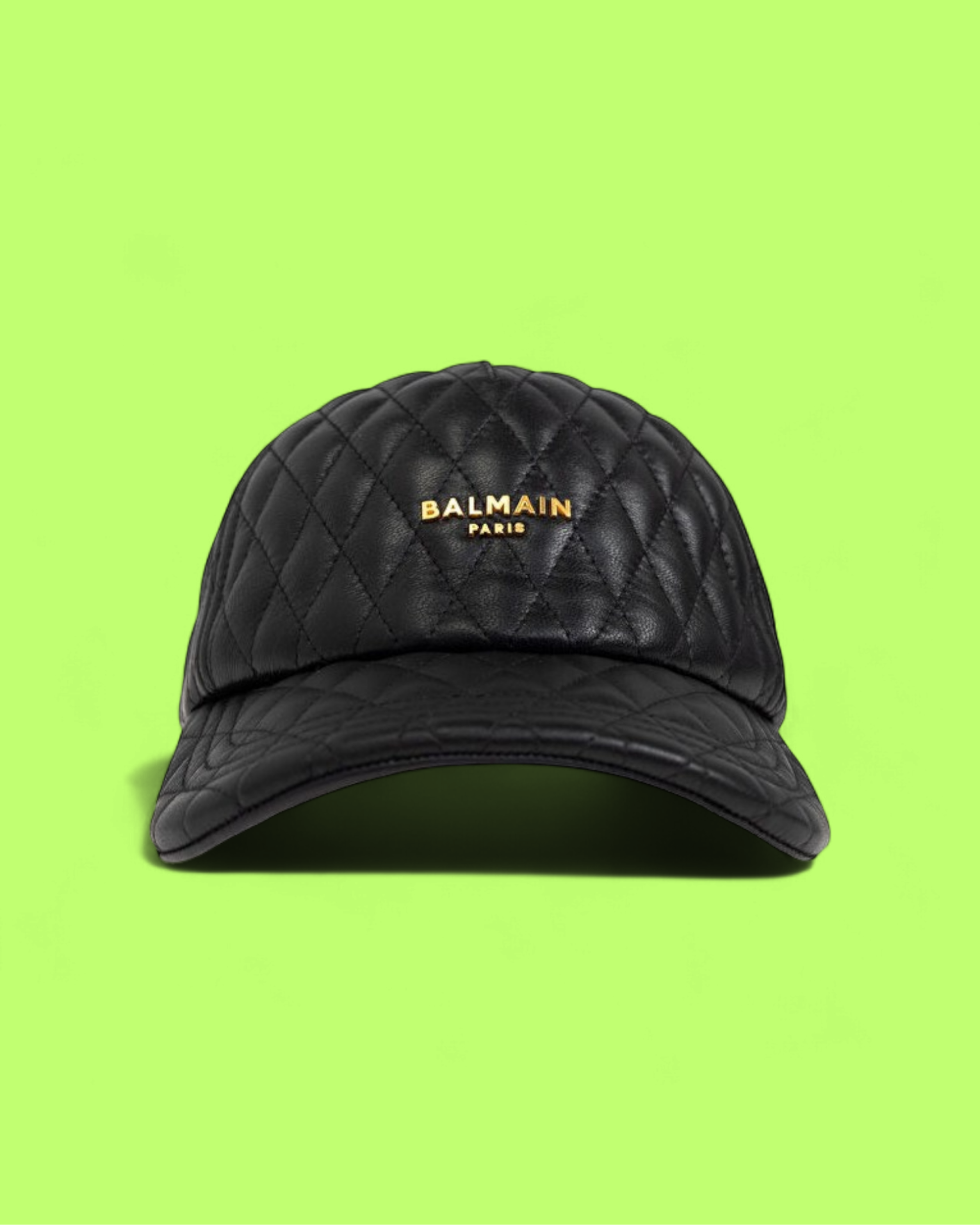 BALMAIN PARIS BLACK QUILTED LEATHER CAP WITH GOLD LOGO DETAIL