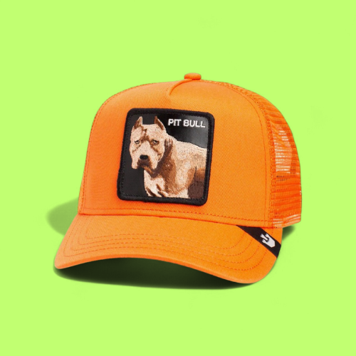 PIT BULL ORANGE TRUCKER HAT WITH EMBROIDERED DOG PATCH