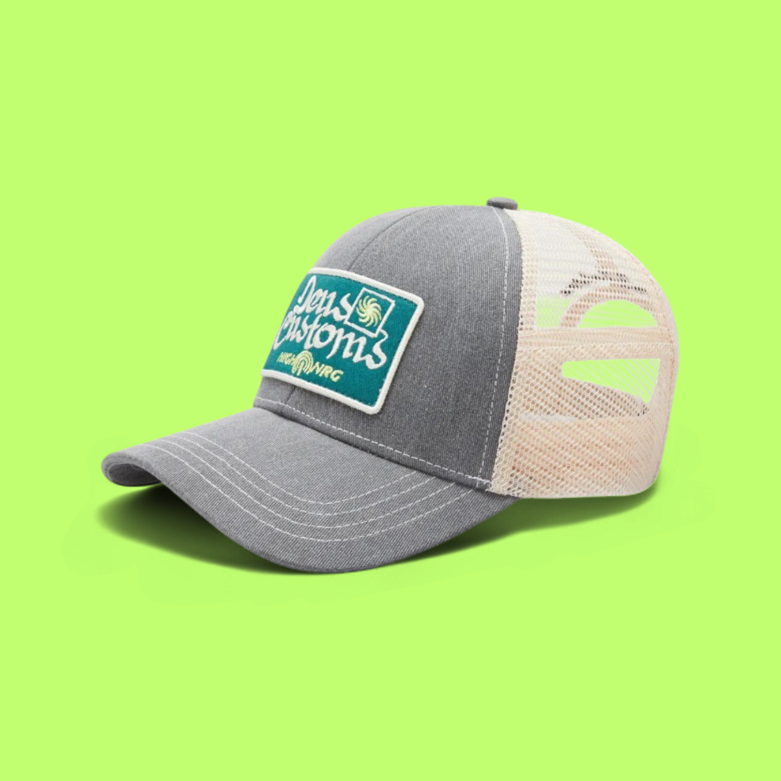 DEUS CUSTOMS GREY BEIGE TRUCKER CAP WITH GREEN PATCH CWCDE