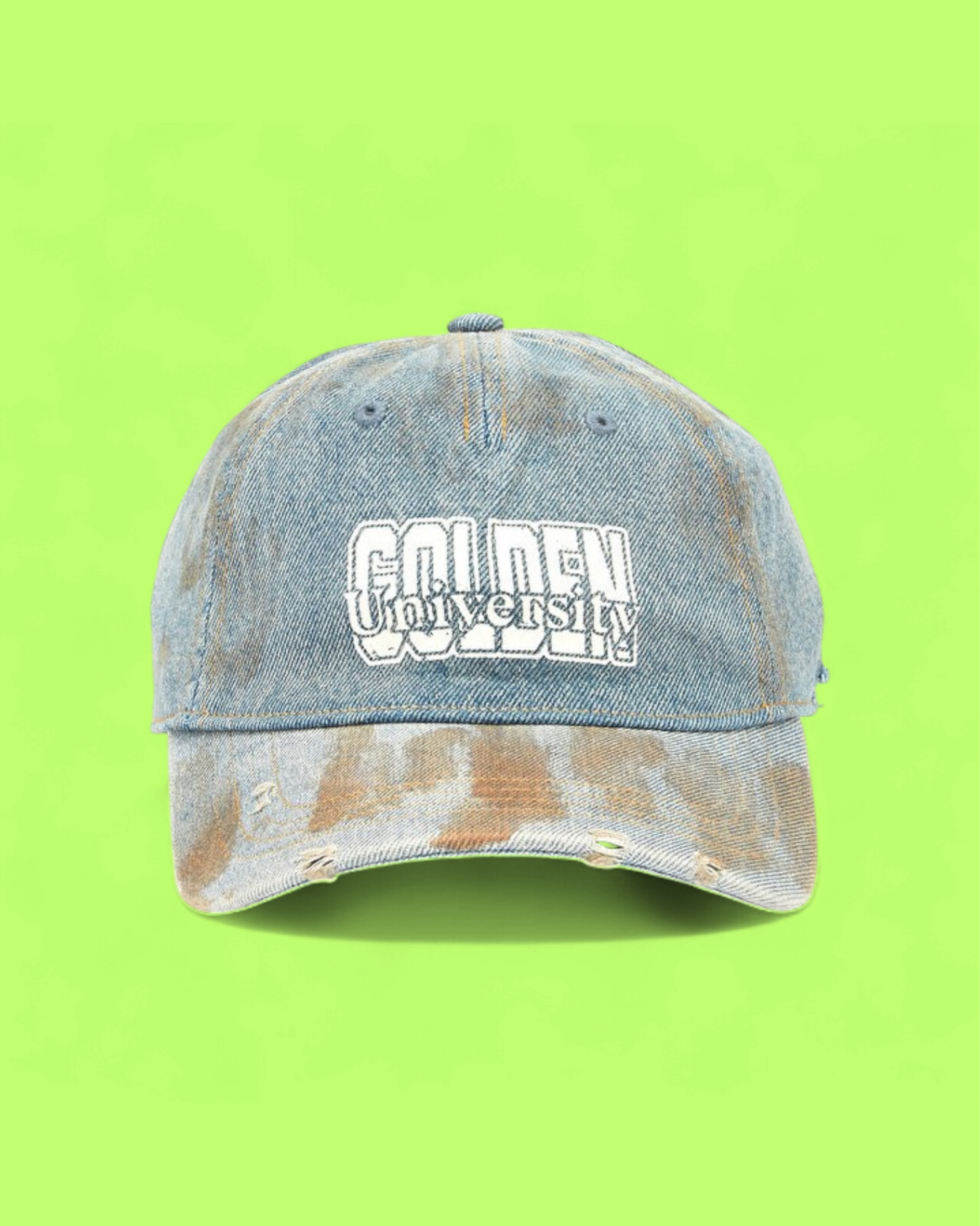 GOLDEN UNIVERSITY LIGHT BLUE DENIM DISTRESSED BASEBALL CAP