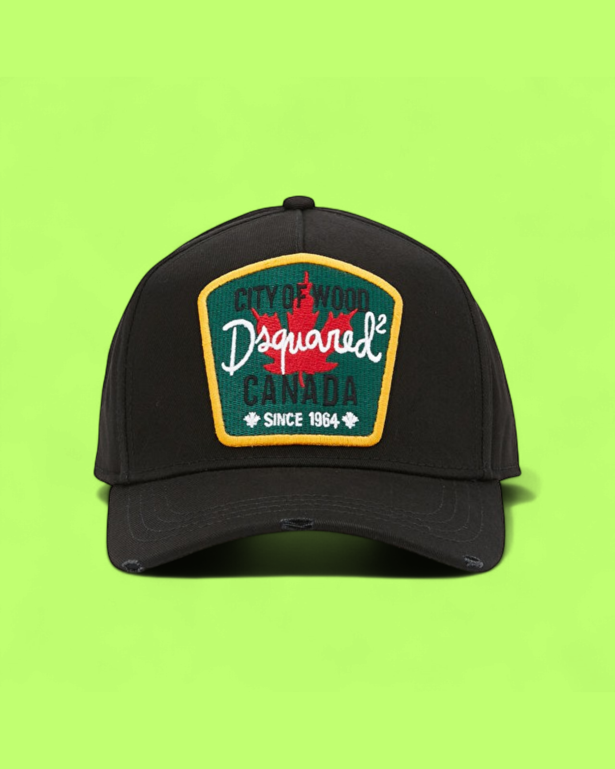 BLACK CAP WITH GREEN RETRO PATCH AND MAPLE LEAF EMBROIDERY