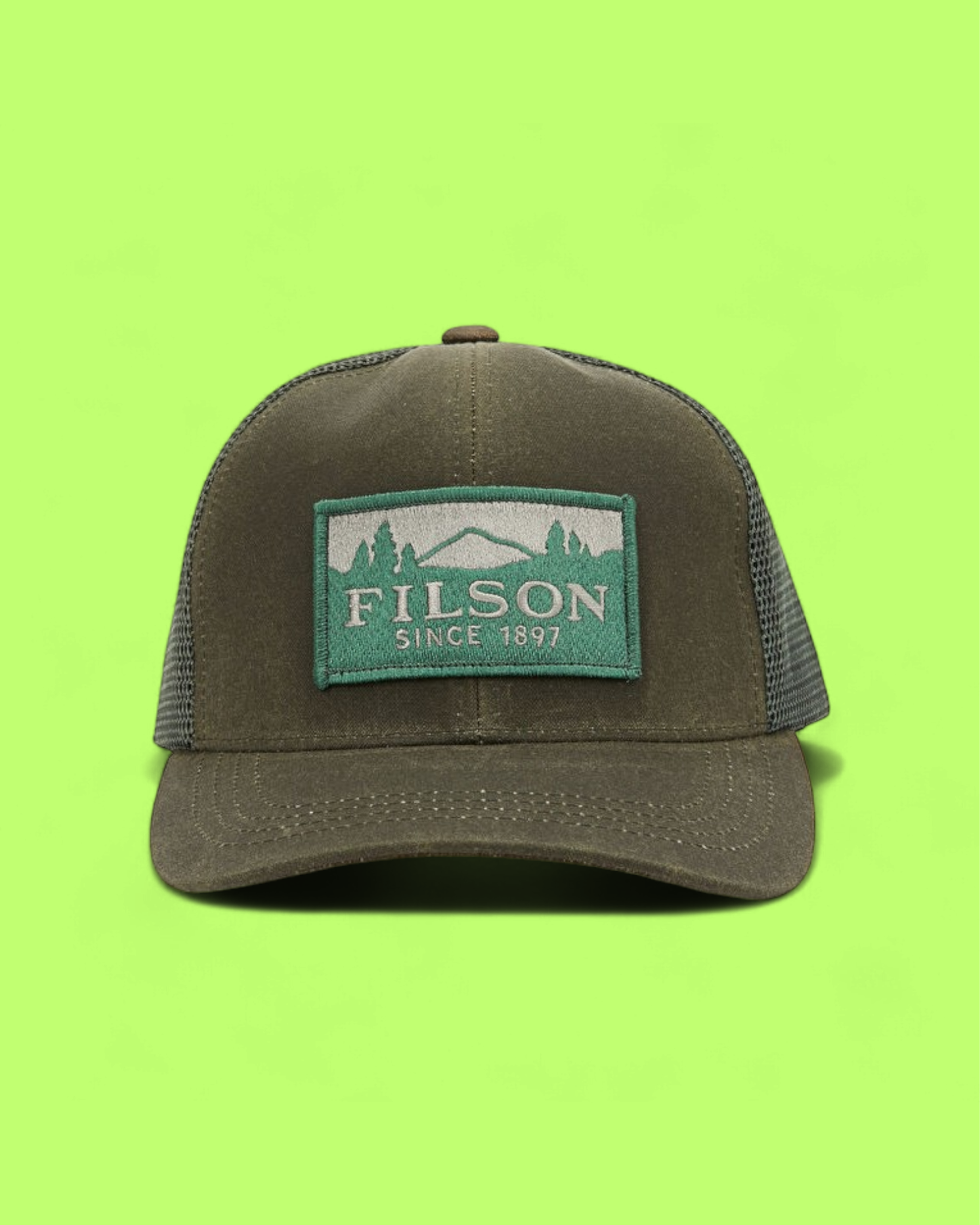 FILSON OLIVE GREEN OUTDOOR MESH TRUCKER HAT SINCE 1897