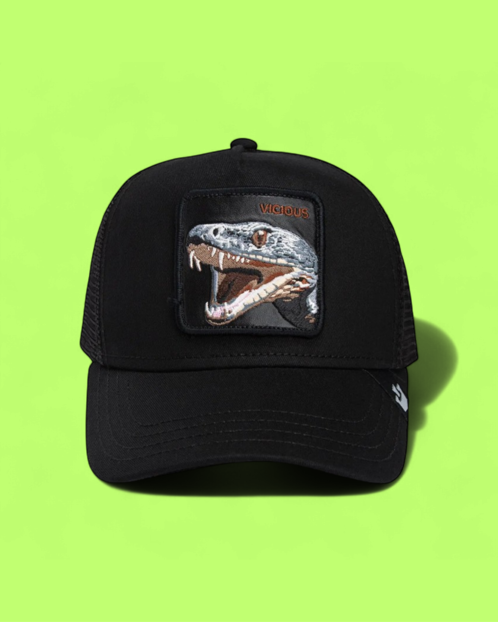 VICIOUS CROCODILE BLACK TRUCKER HAT WITH EMBROIDERED PATCH