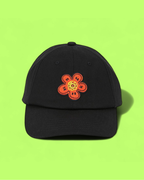 KENZO BLACK CAP WITH ORANGE EMBROIDERED FLOWER PATCH CWCD