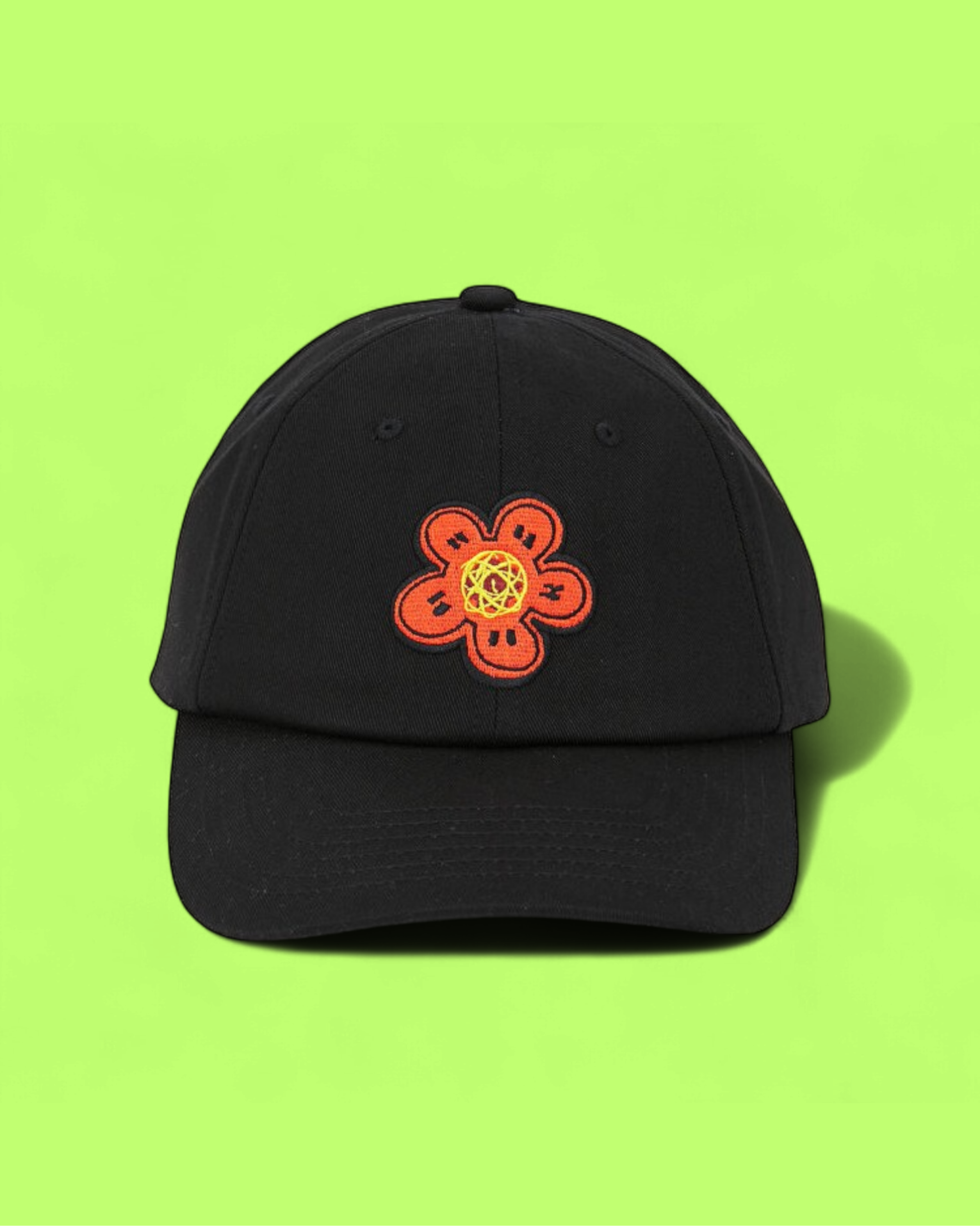 KENZO BLACK CAP WITH ORANGE EMBROIDERED FLOWER PATCH CWCD