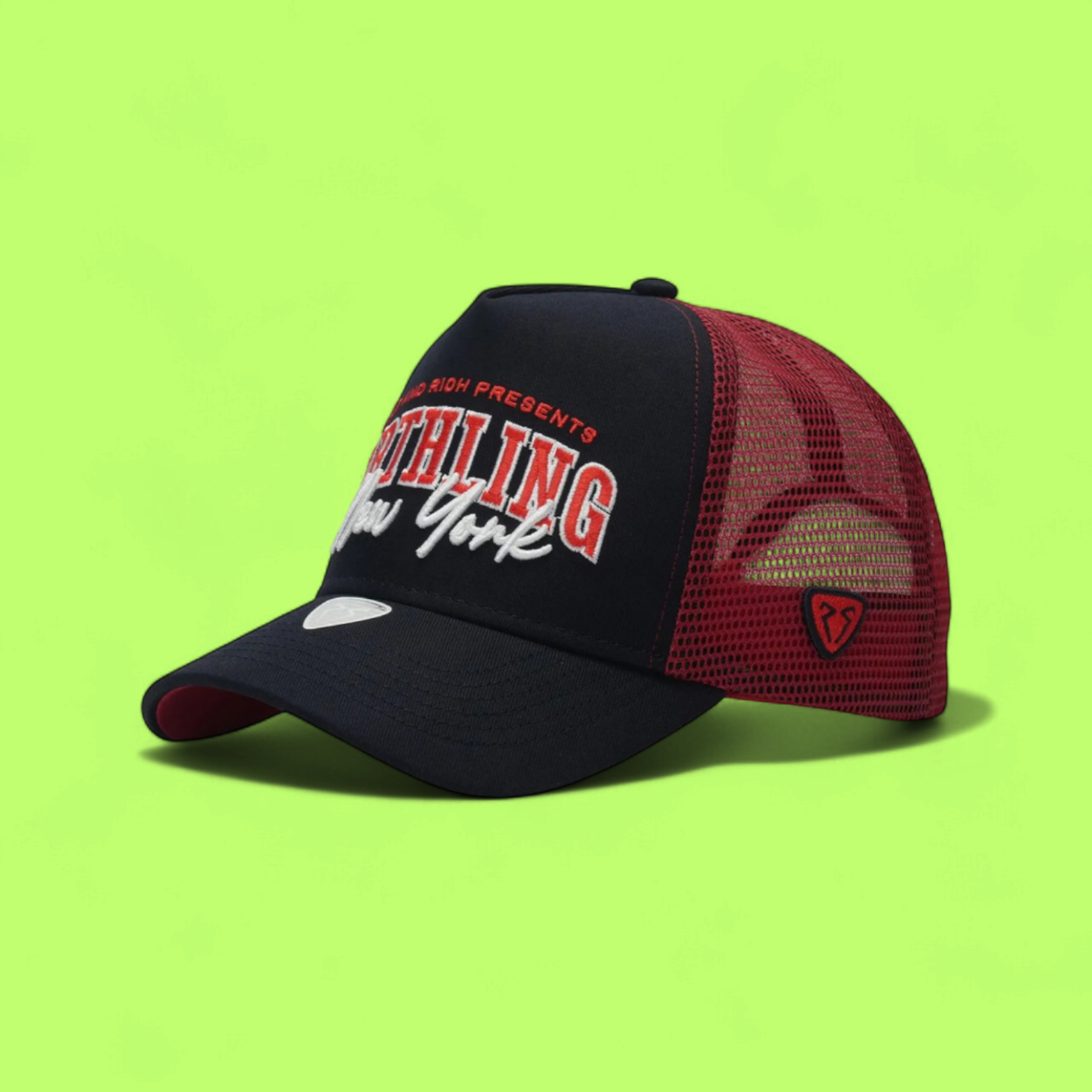 BLACK RED TRUCKER CAP WITH BROOKLYN NEW YORK EMBROIDERY