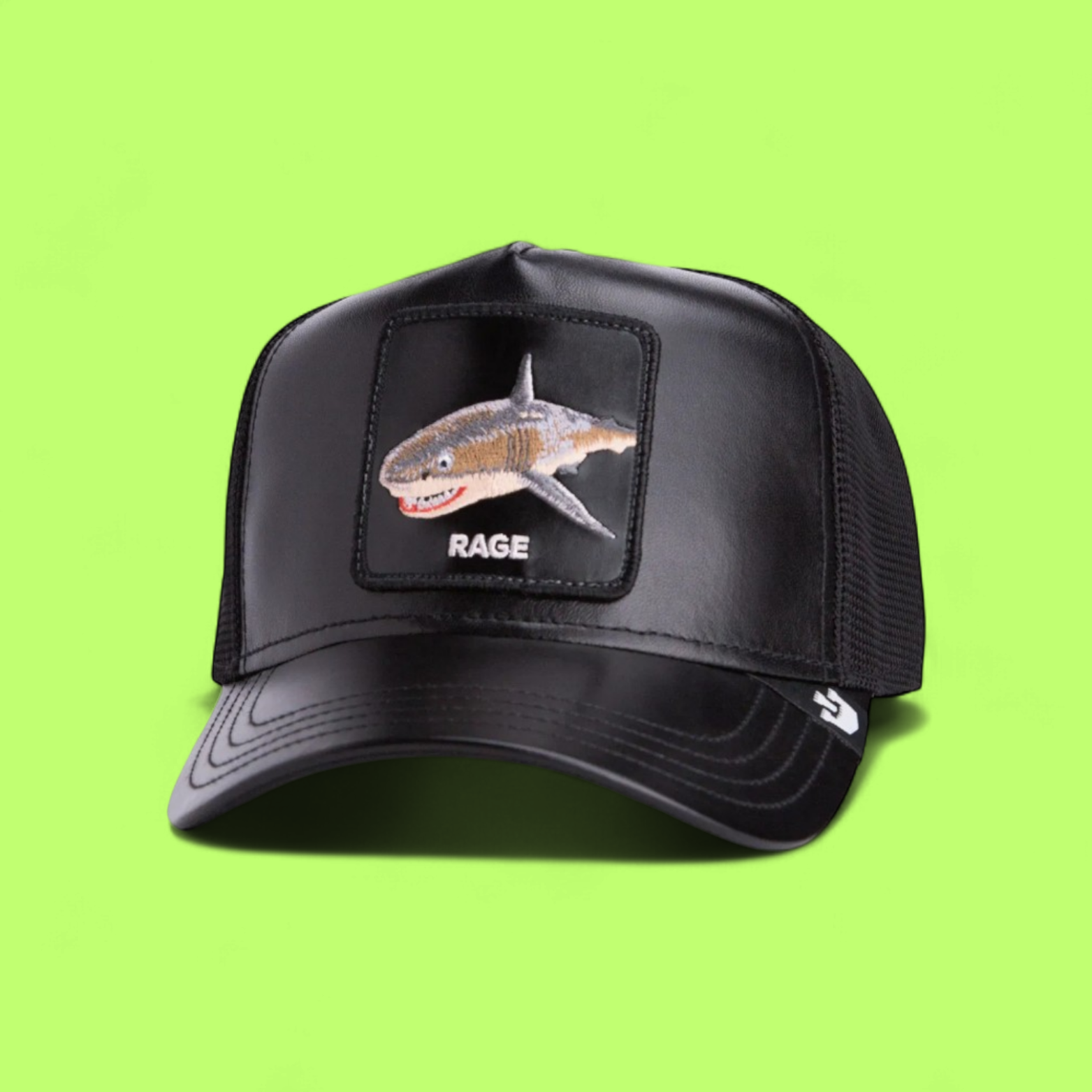 BLACK LEATHER SHARK CAP WITH RAGE EMBROIDERED PATCH CWCD