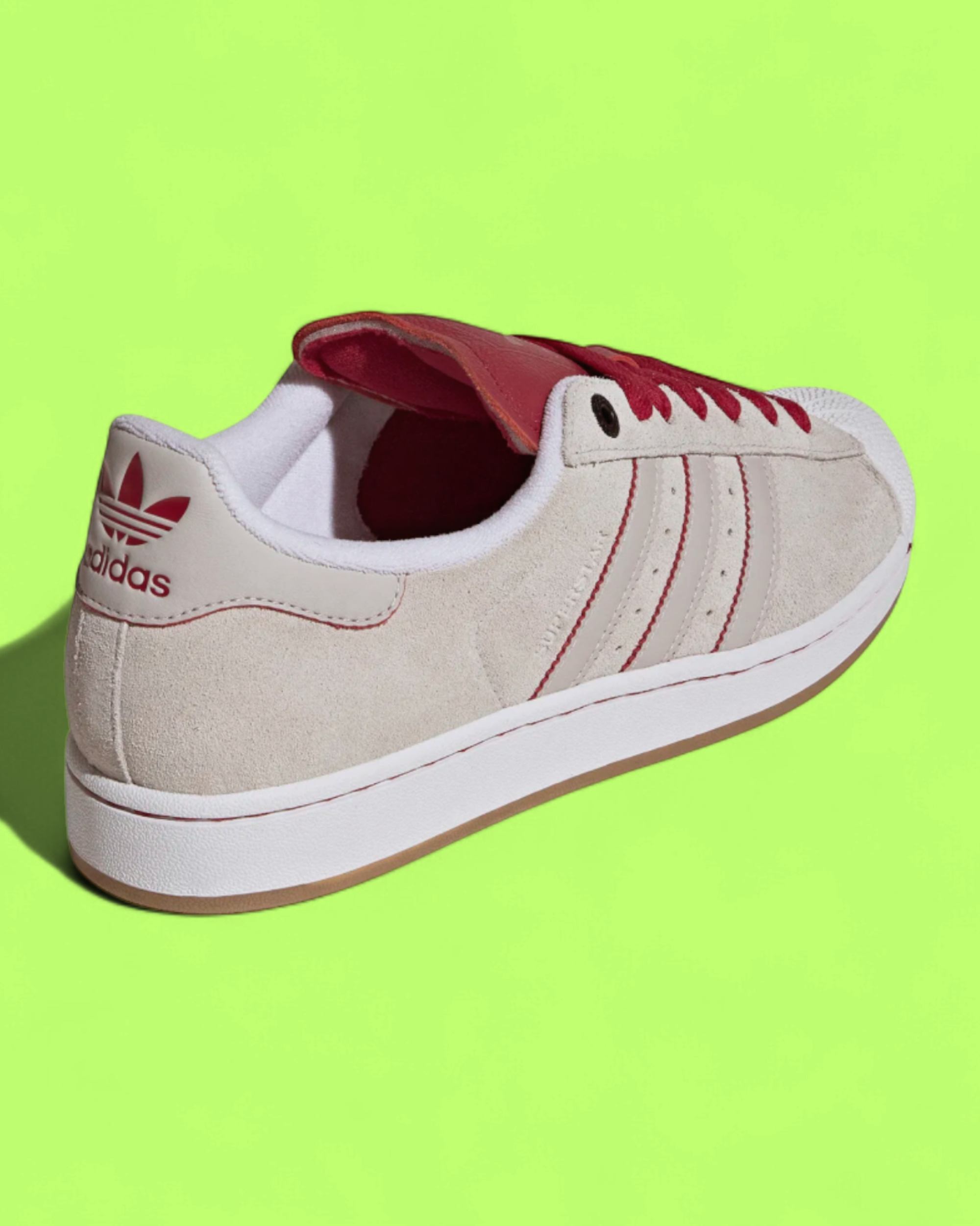 ADIDAS SUPERSTAR BEIGE SUEDE RED LACES WHITE SHELL TOE SNEAKERS