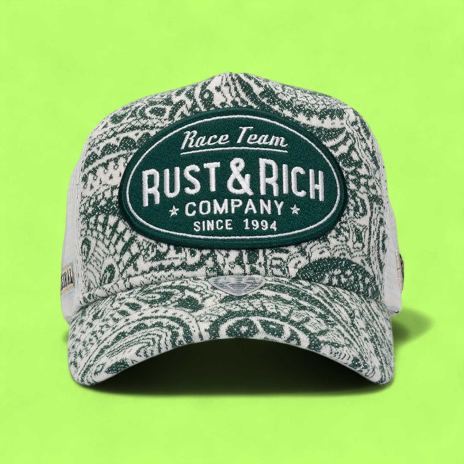 GREEN RUST AND RICH TRUCKER CAP WITH RACE TEAM EMBROIDERY