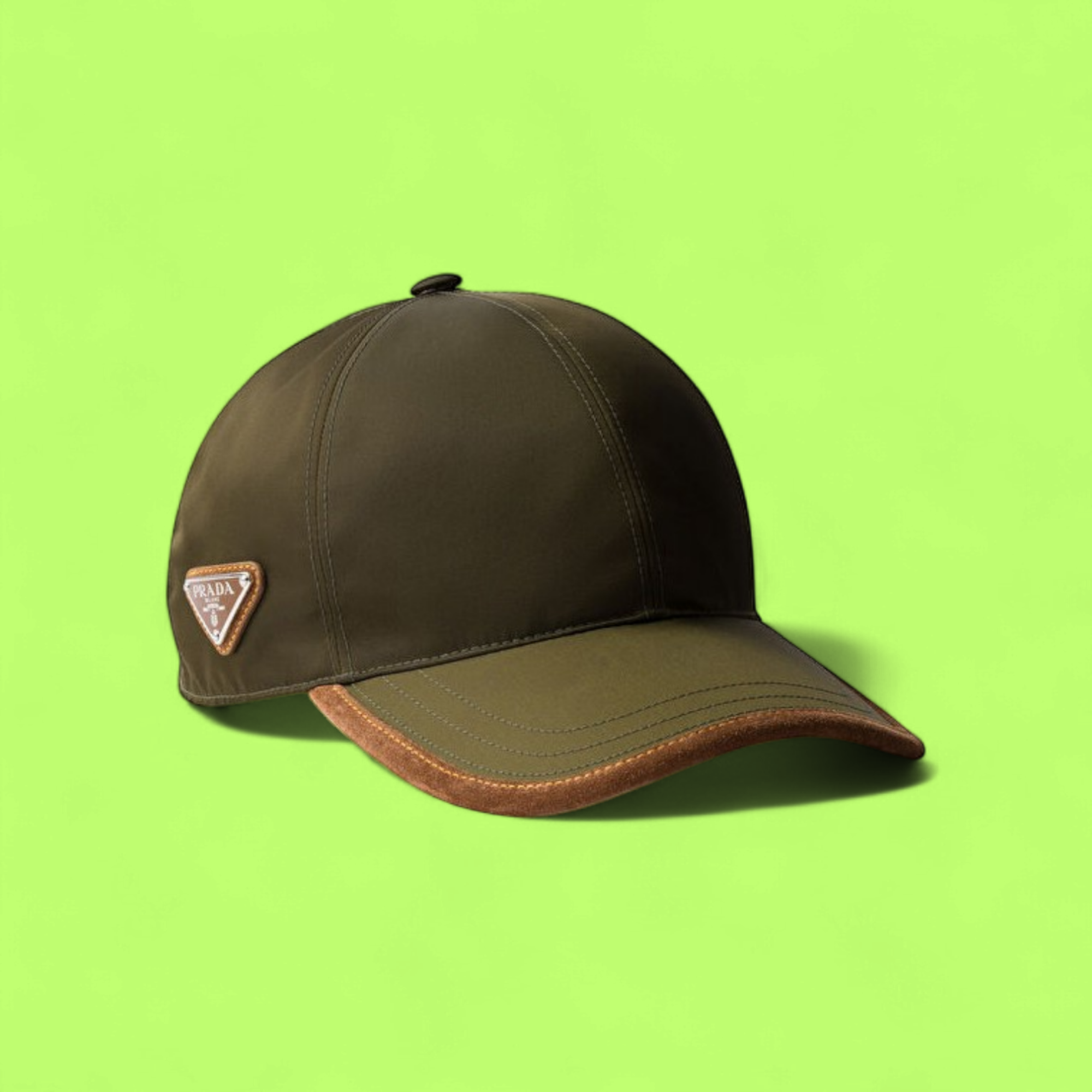 PRADA KHAKI BASEBALL CAP WITH LEATHER DETAIL AND LOGO PATCH
