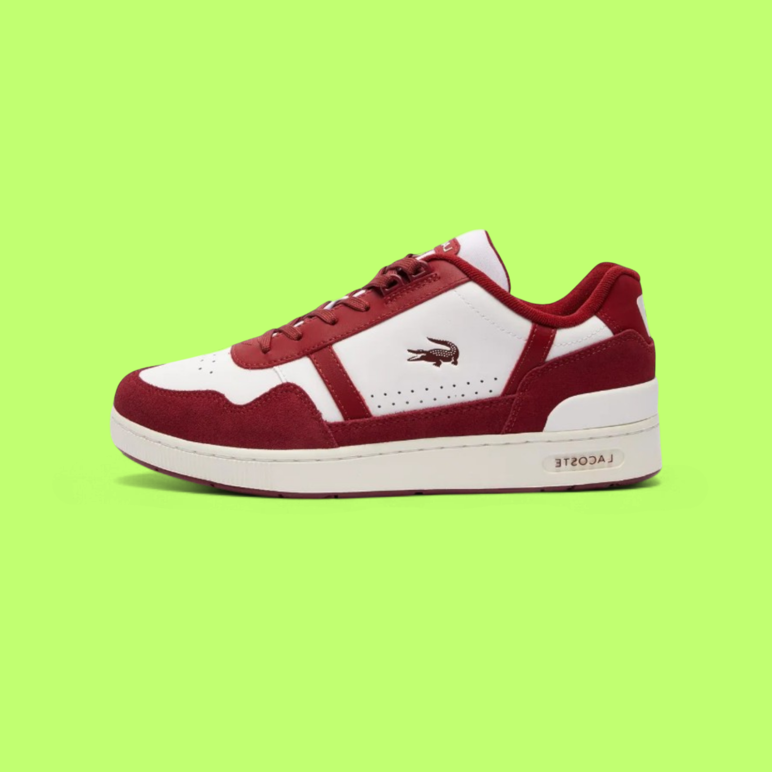 LACOSTE T-CLIP MEN'S WHITE LEATHER SNEAKERS WITH BURGUNDY DETAIL