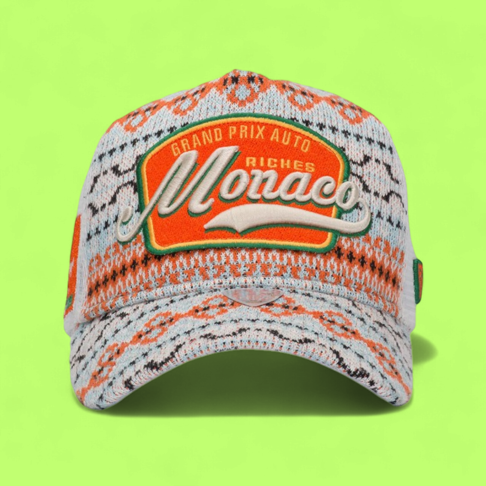 WHITE TRUCKER CAP WITH ORANGE MONACO PATCH AND PATTERN